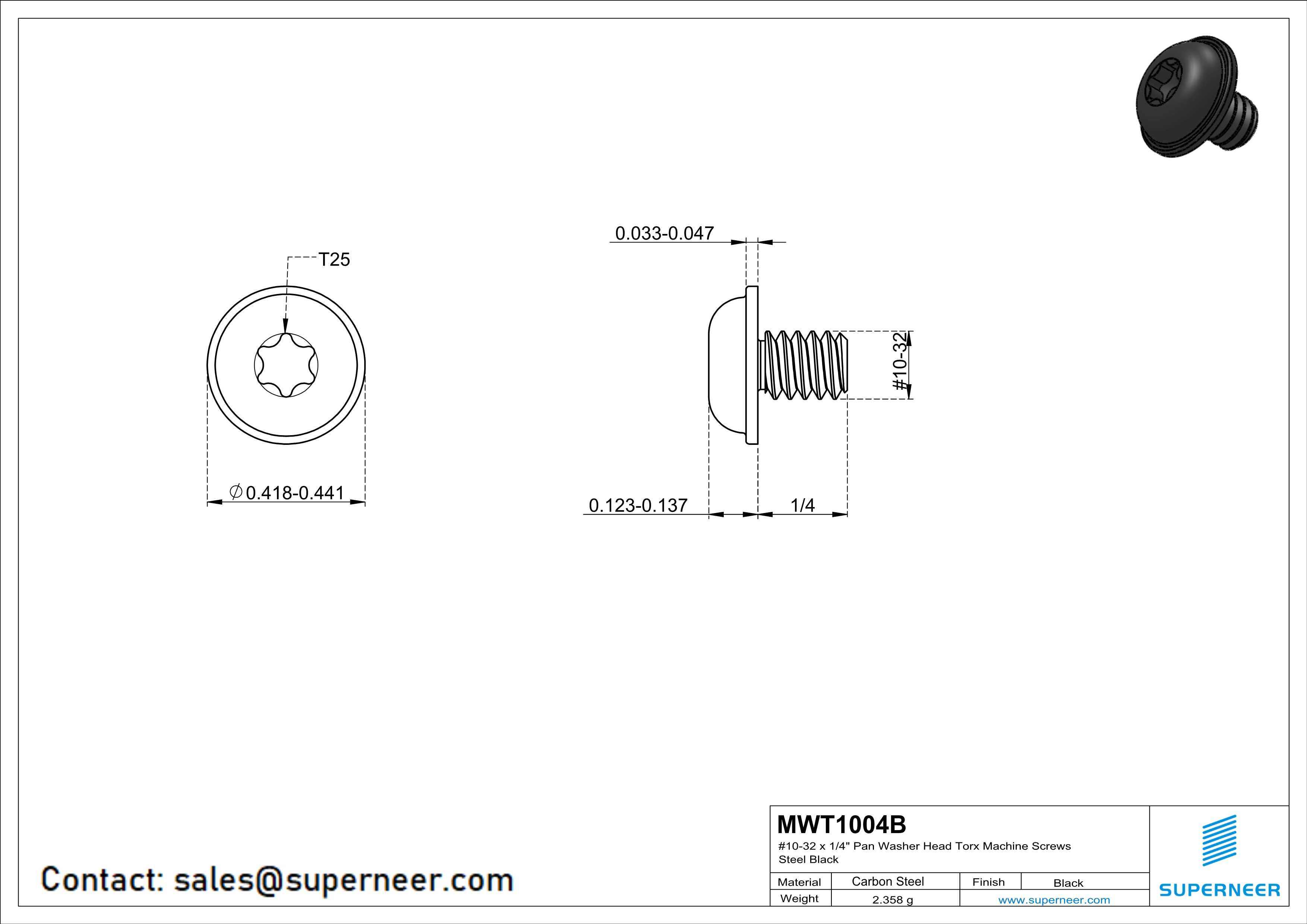 10-32 x 1/4" Pan Washer Head Torx Machine Screws Steel Black