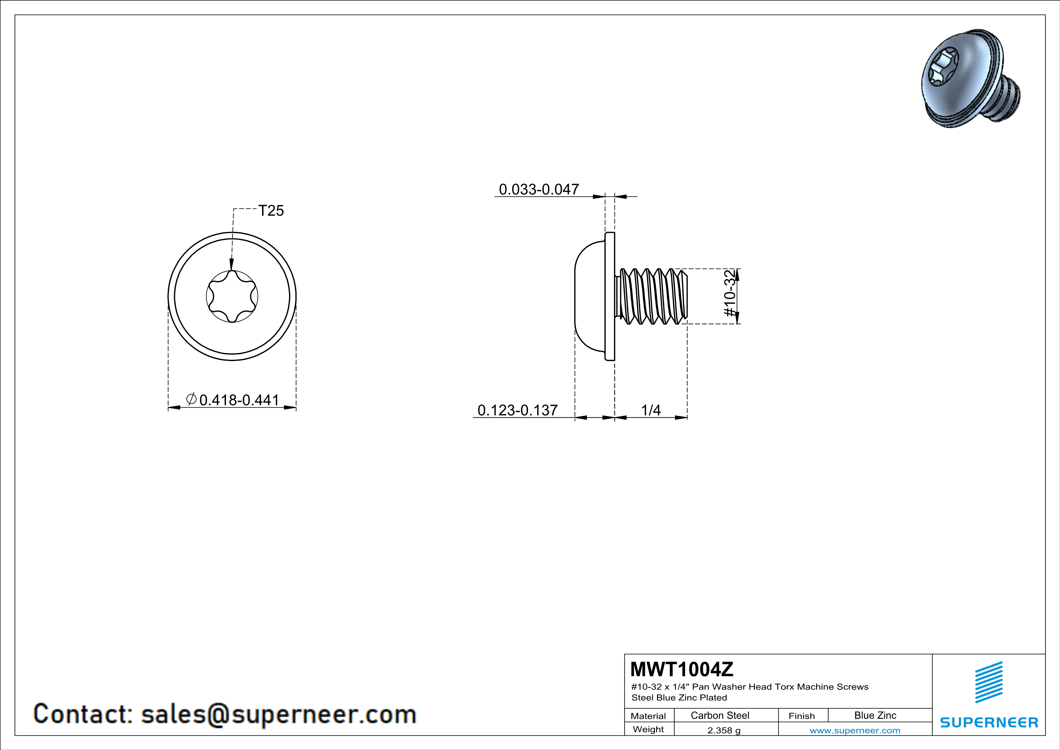 10-32 x 1/4" Pan Washer Head Torx Machine Screws Steel Blue Zinc Plated