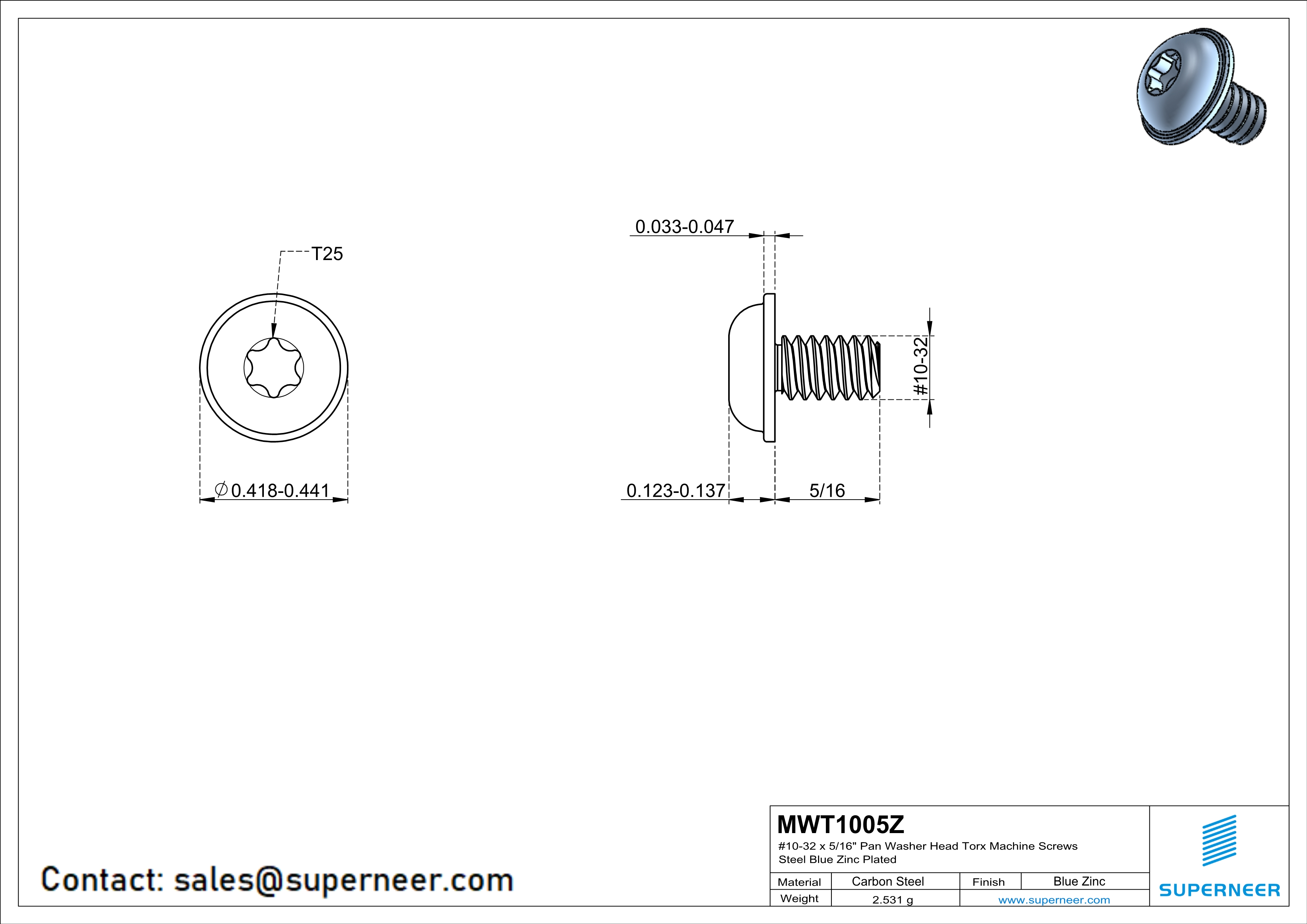 10-32 x 5/16" Pan Washer Head Torx Machine Screws Steel Blue Zinc Plated