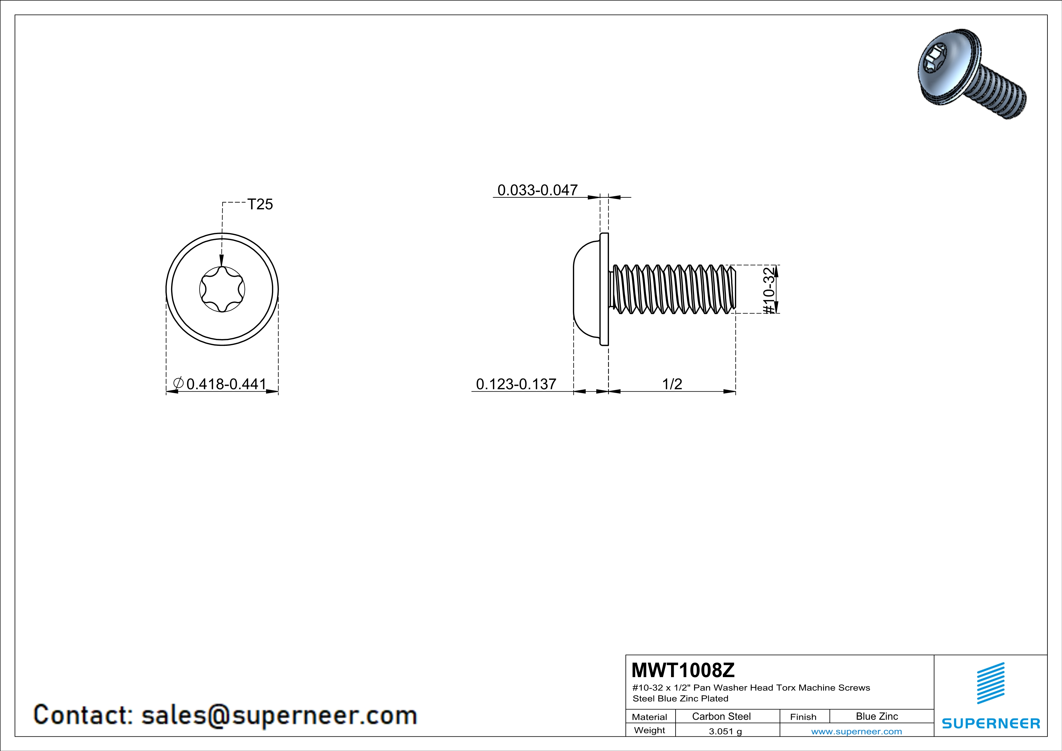 10-32 x 1/2" Pan Washer Head Torx Machine Screws Steel Blue Zinc Plated