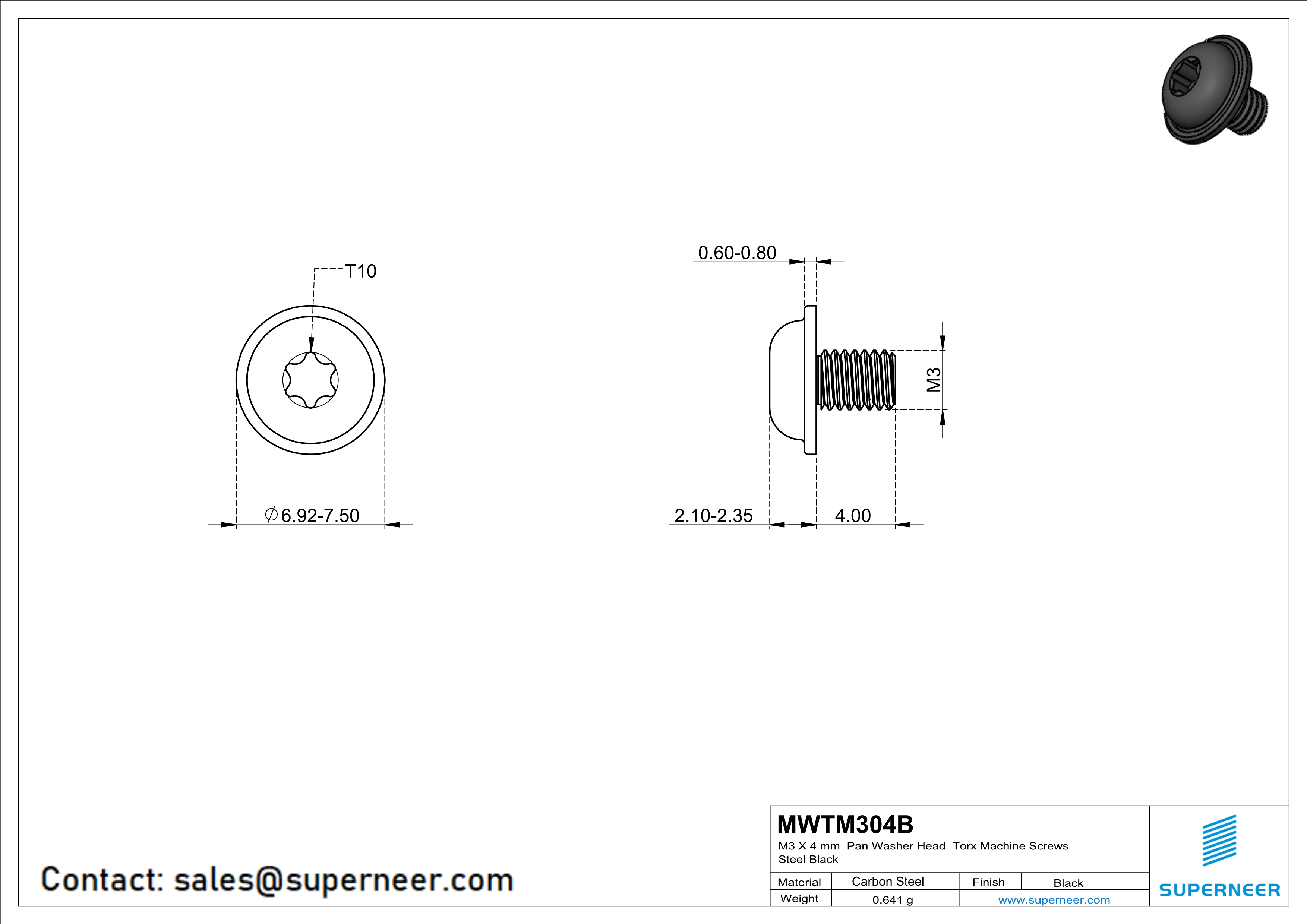 M3 x 4 mm Pan Washer Head Torx Machine Screws Steel Black 