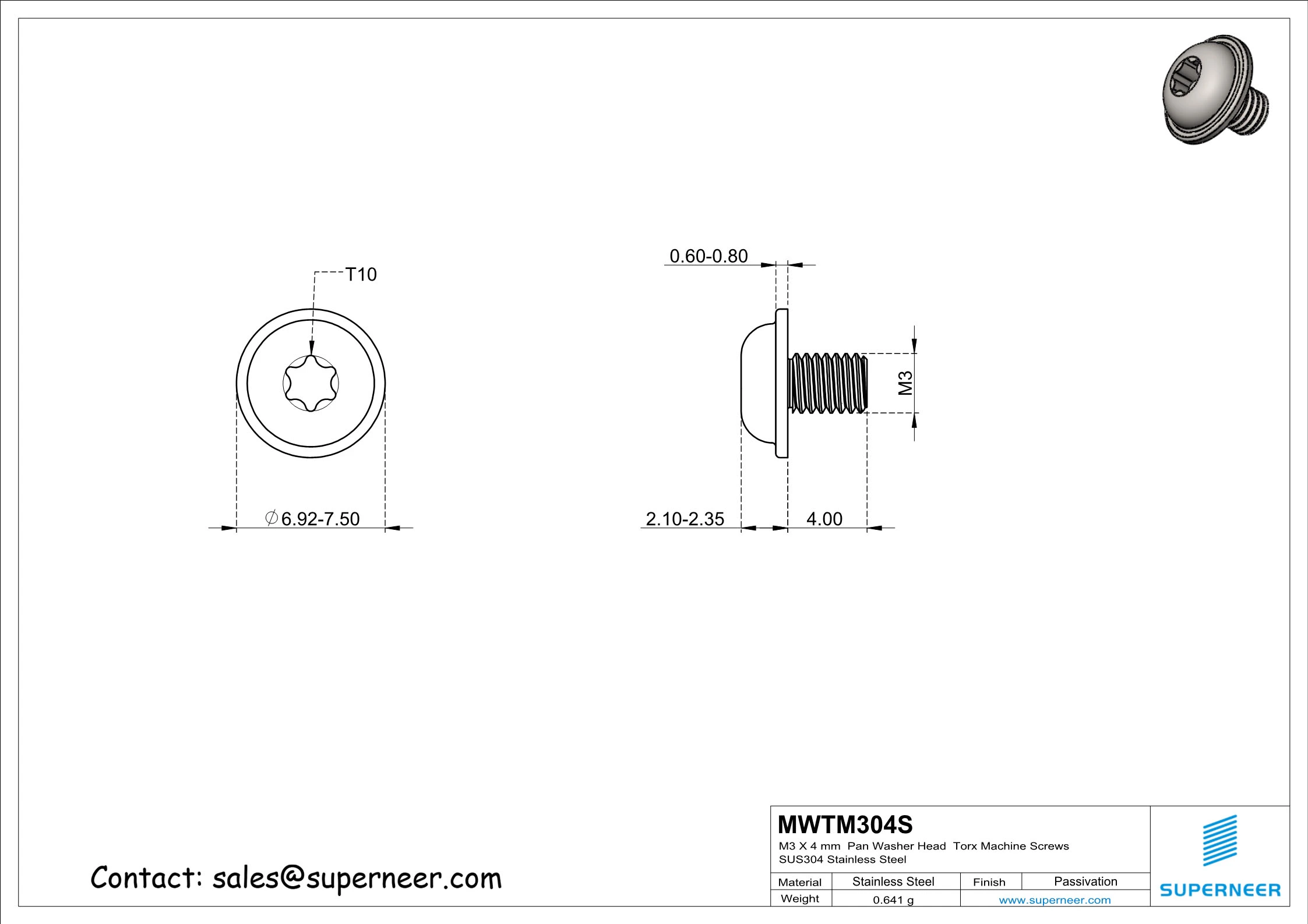 M3 x 4 mm Pan Washer Head Torx Machine Screws SUS304 Stainless Steel Inox 