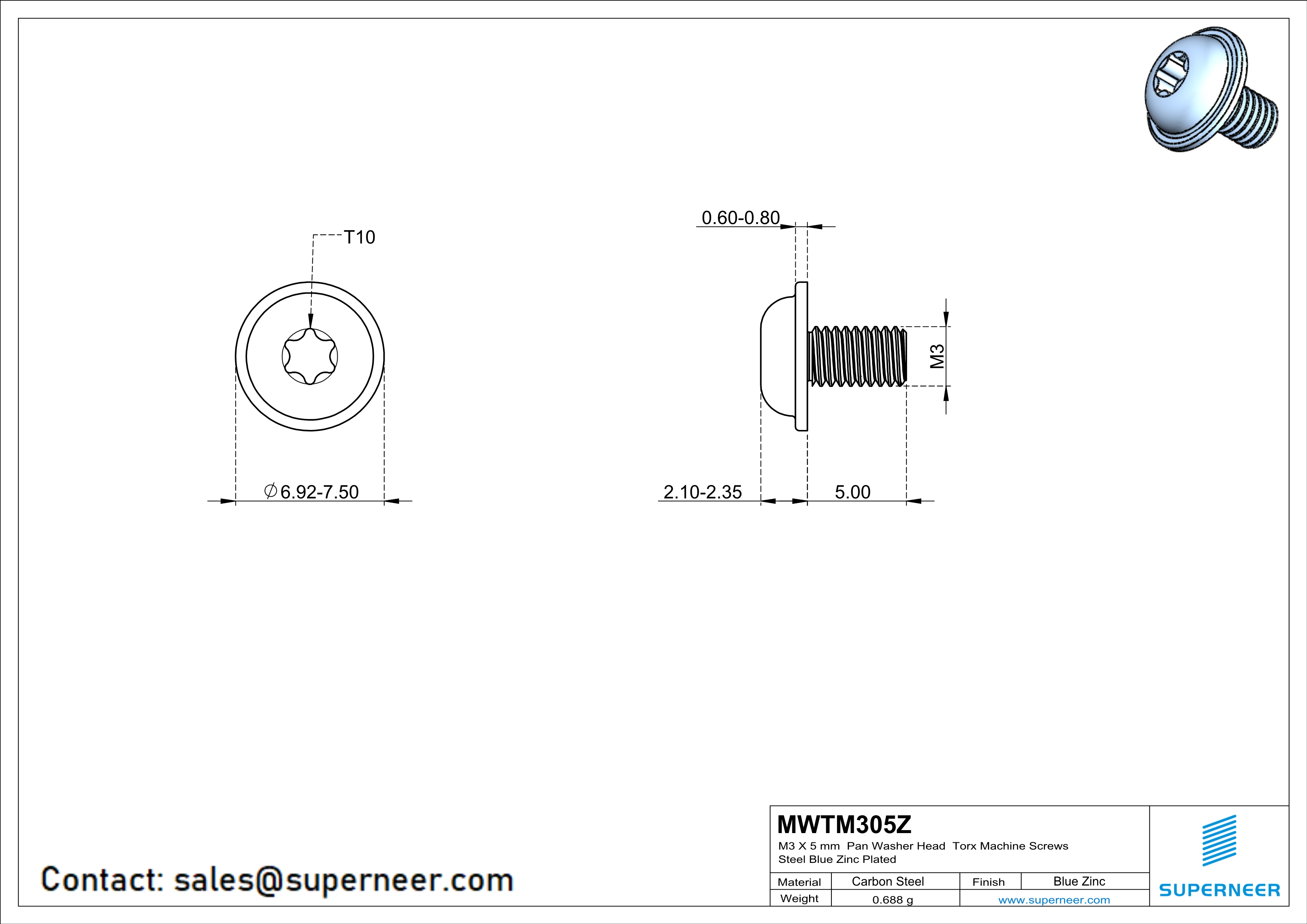 M3 x 5 mm Pan Washer Head Torx Machine Screws Steel Blue Zinc Plated 