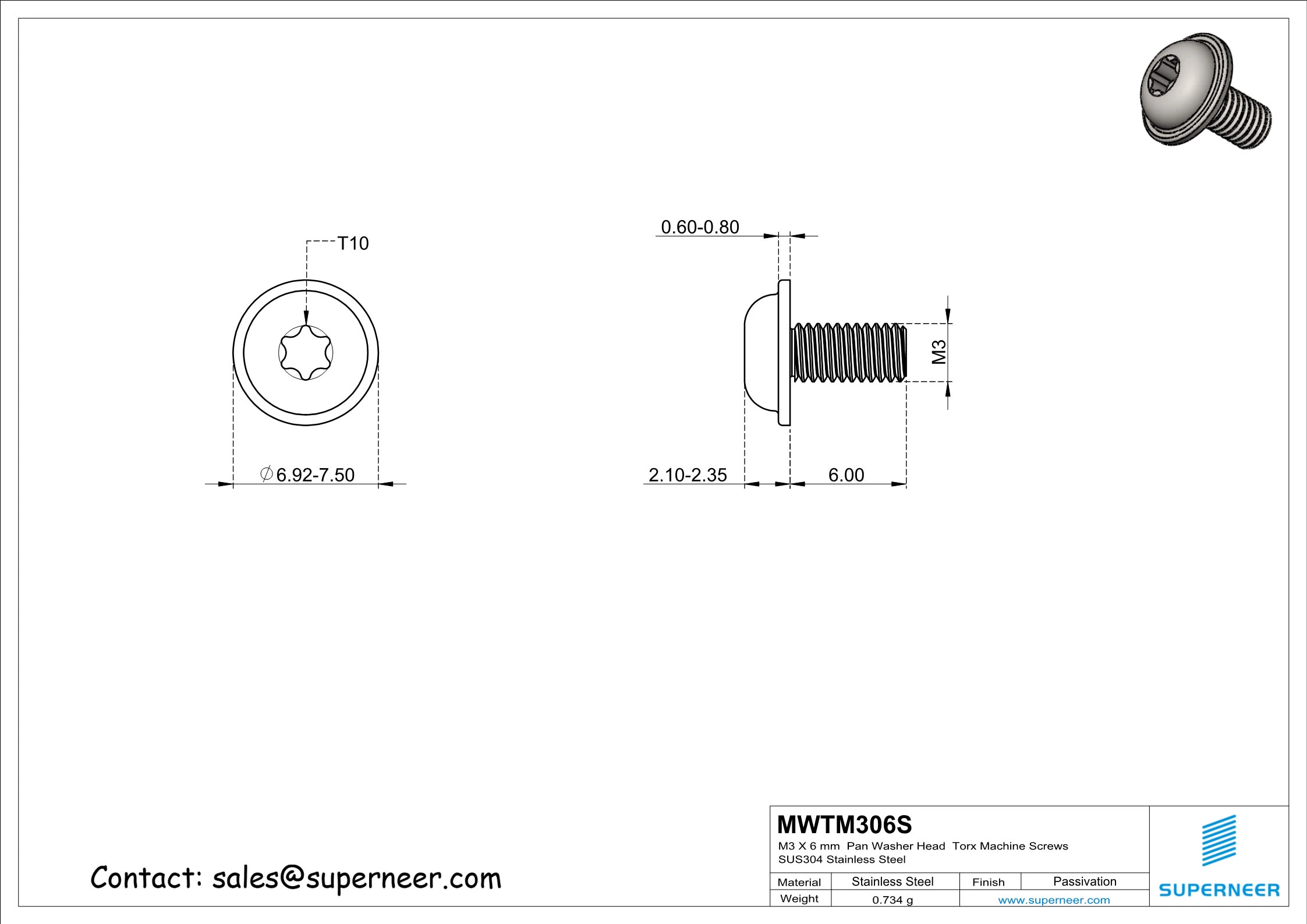 M3 x 6 mm Pan Washer Head Torx Machine Screws SUS304 Stainless Steel Inox 