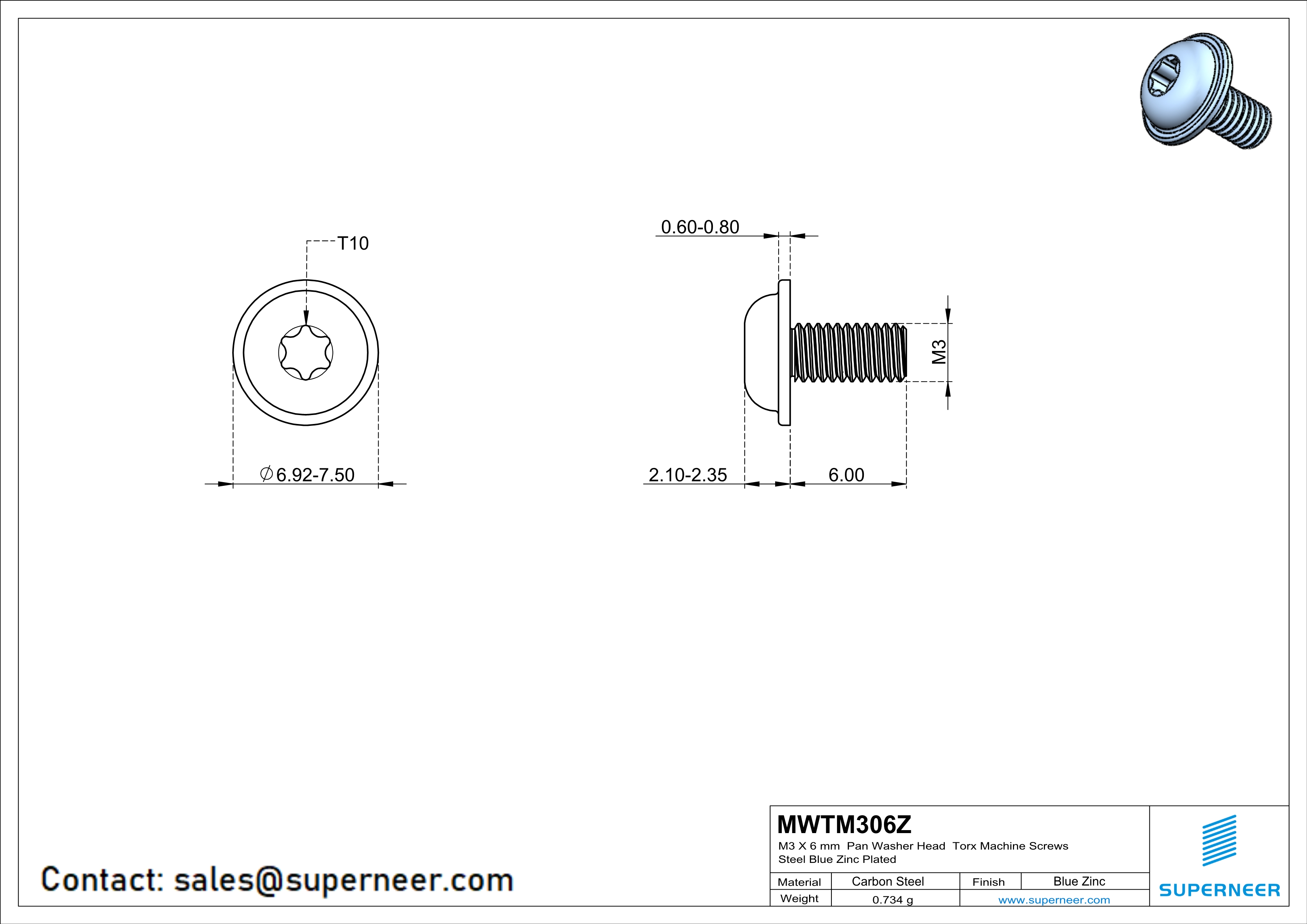 M3 x 6 mm Pan Washer Head Torx Machine Screws Steel Blue Zinc Plated 