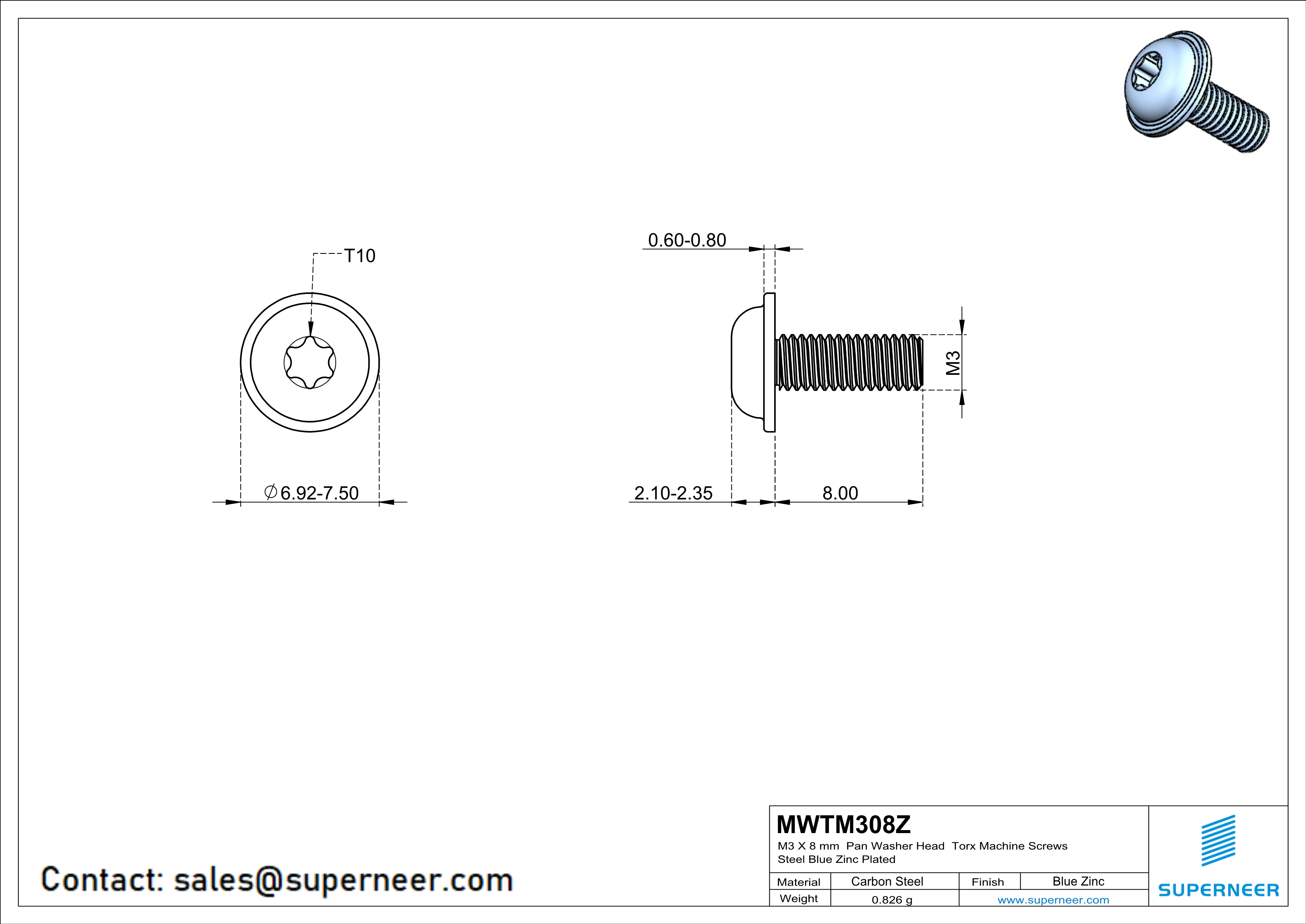 M3 x 8 mm Pan Washer Head Torx Machine Screws Steel Blue Zinc Plated 