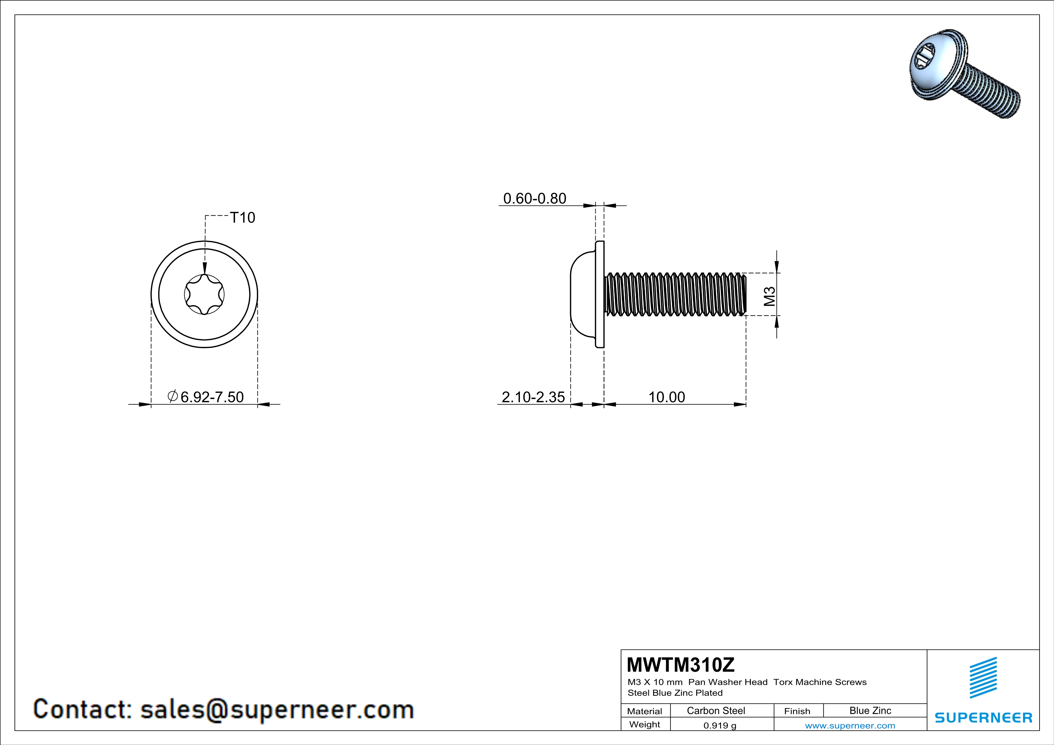 M3 x 10 mm Pan Washer Head Torx Machine Screws Steel Blue Zinc Plated 