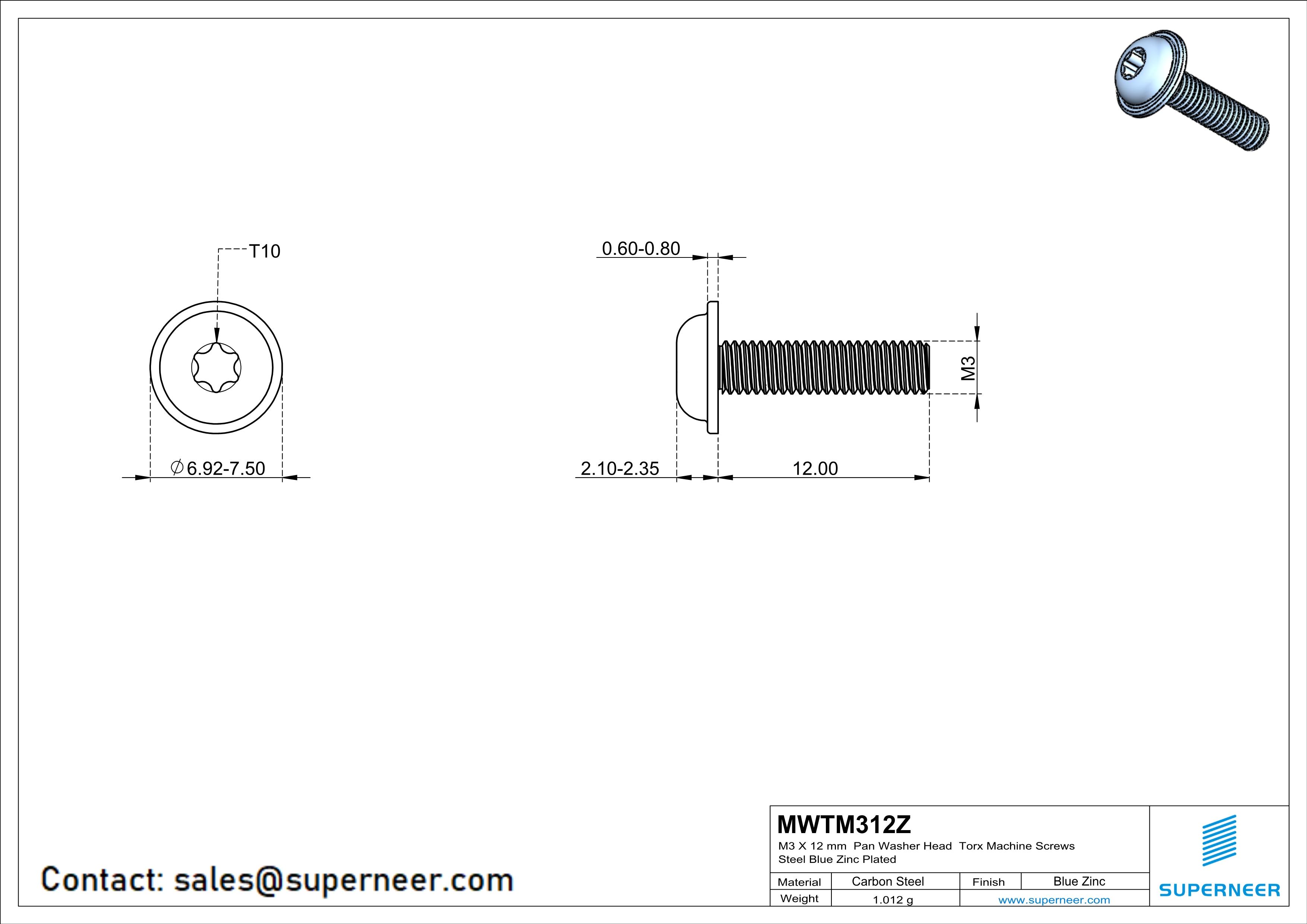 M3 x 12 mm Pan Washer Head Torx Machine Screws Steel Blue Zinc Plated 