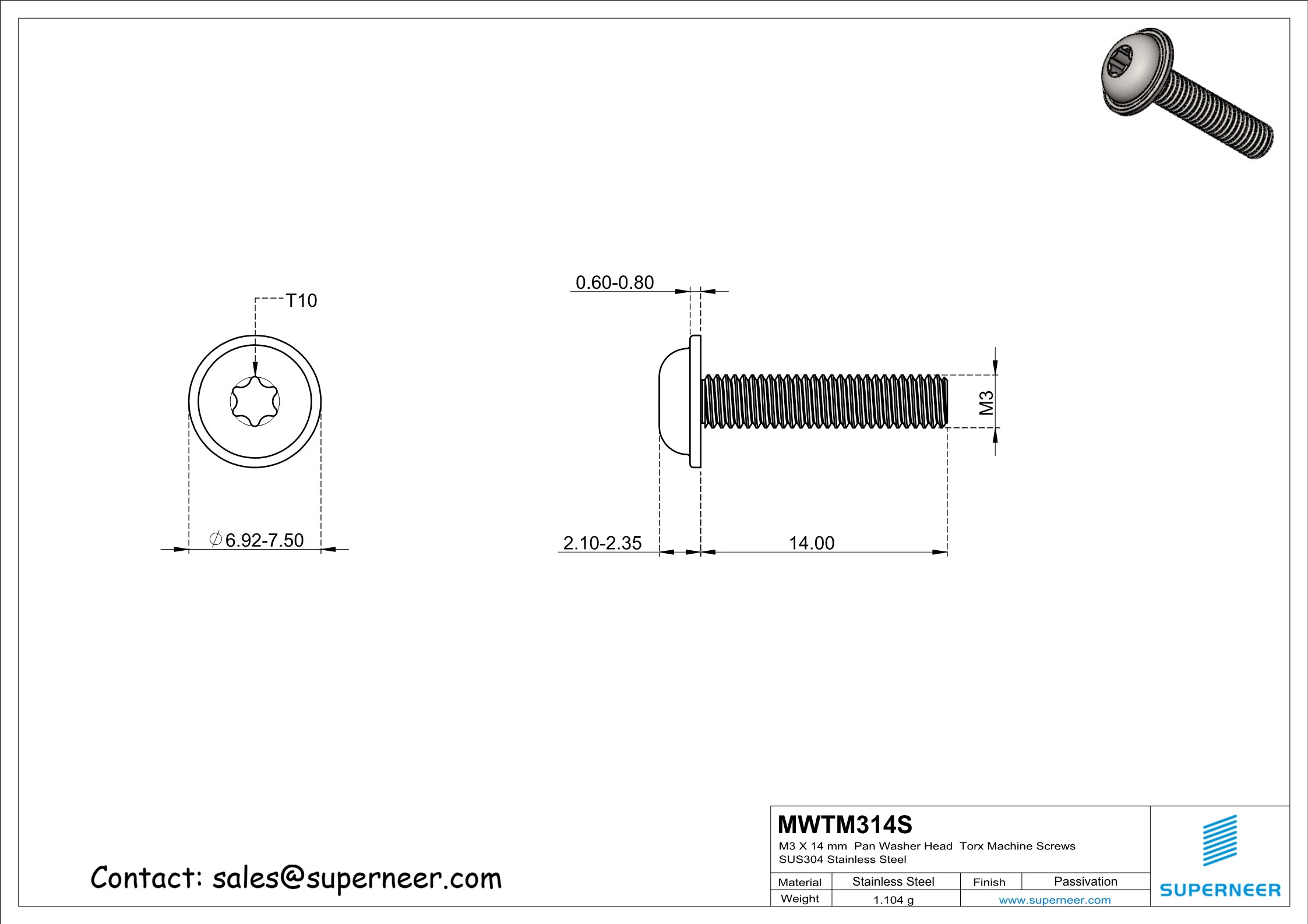 M3 x 14 mm Pan Washer Head Torx Machine Screws SUS304 Stainless Steel Inox 