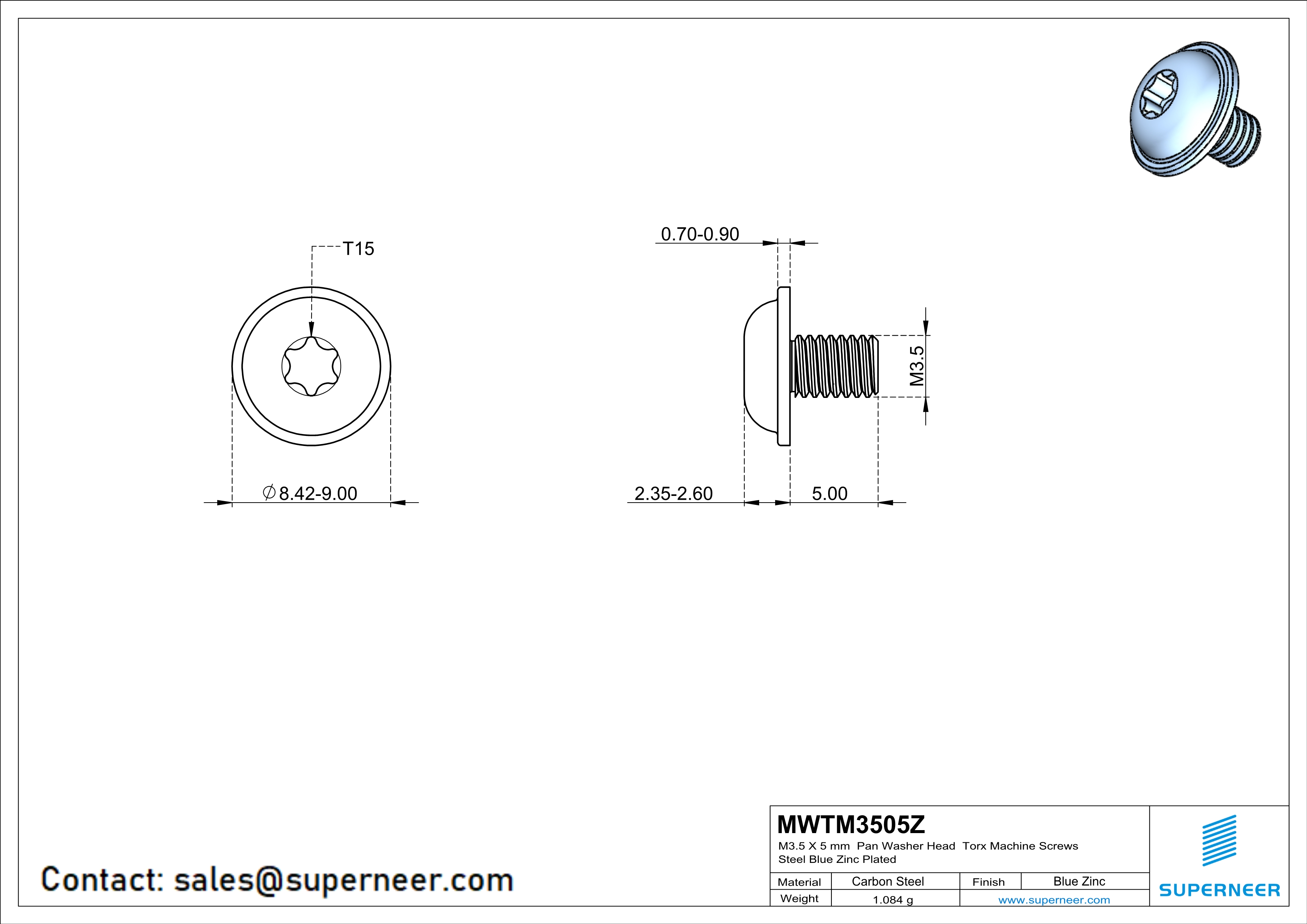 M3.5 x 5 mm Pan Washer Head Torx Machine Screws Steel Blue Zinc Plated 