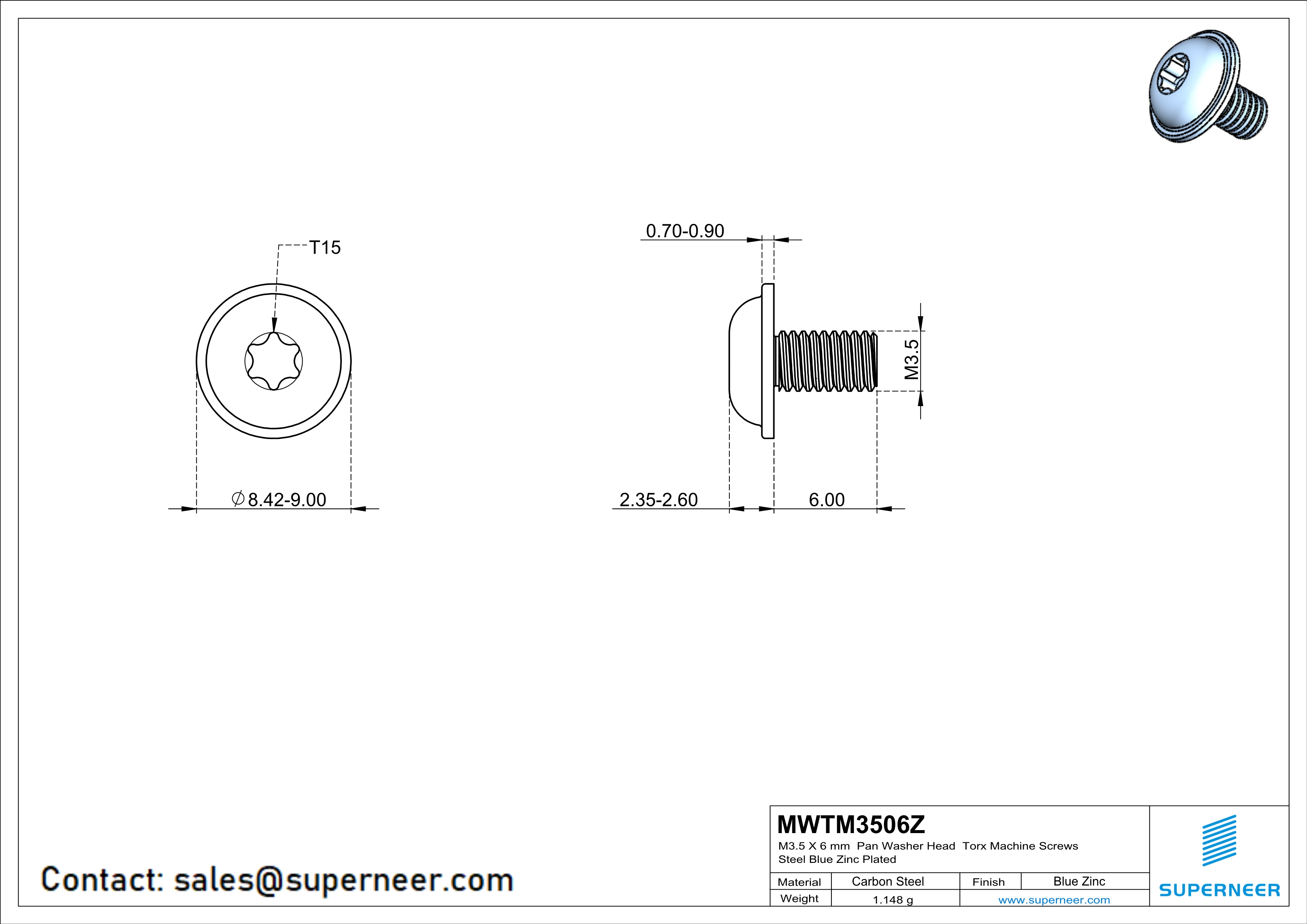 M3.5 x 6 mm Pan Washer Head Torx Machine Screws Steel Blue Zinc Plated 