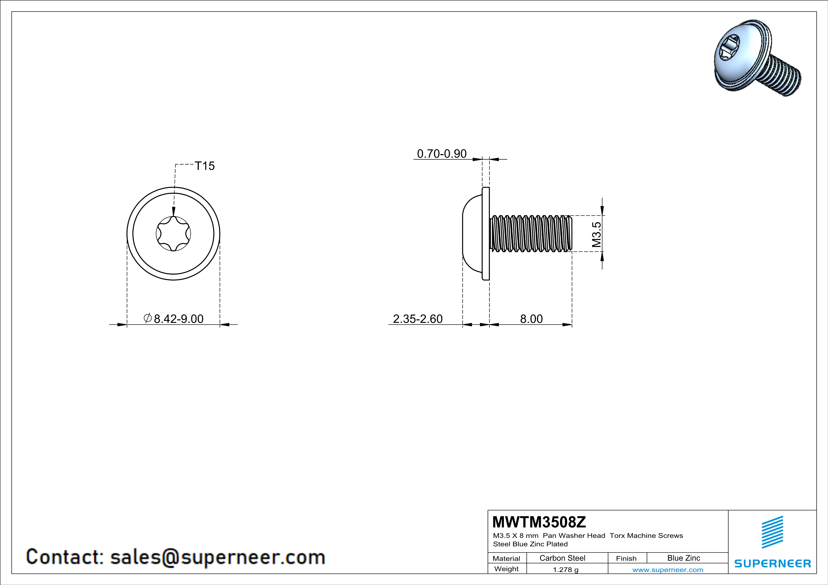 M3.5 x 8 mm Pan Washer Head Torx Machine Screws Steel Blue Zinc Plated 
