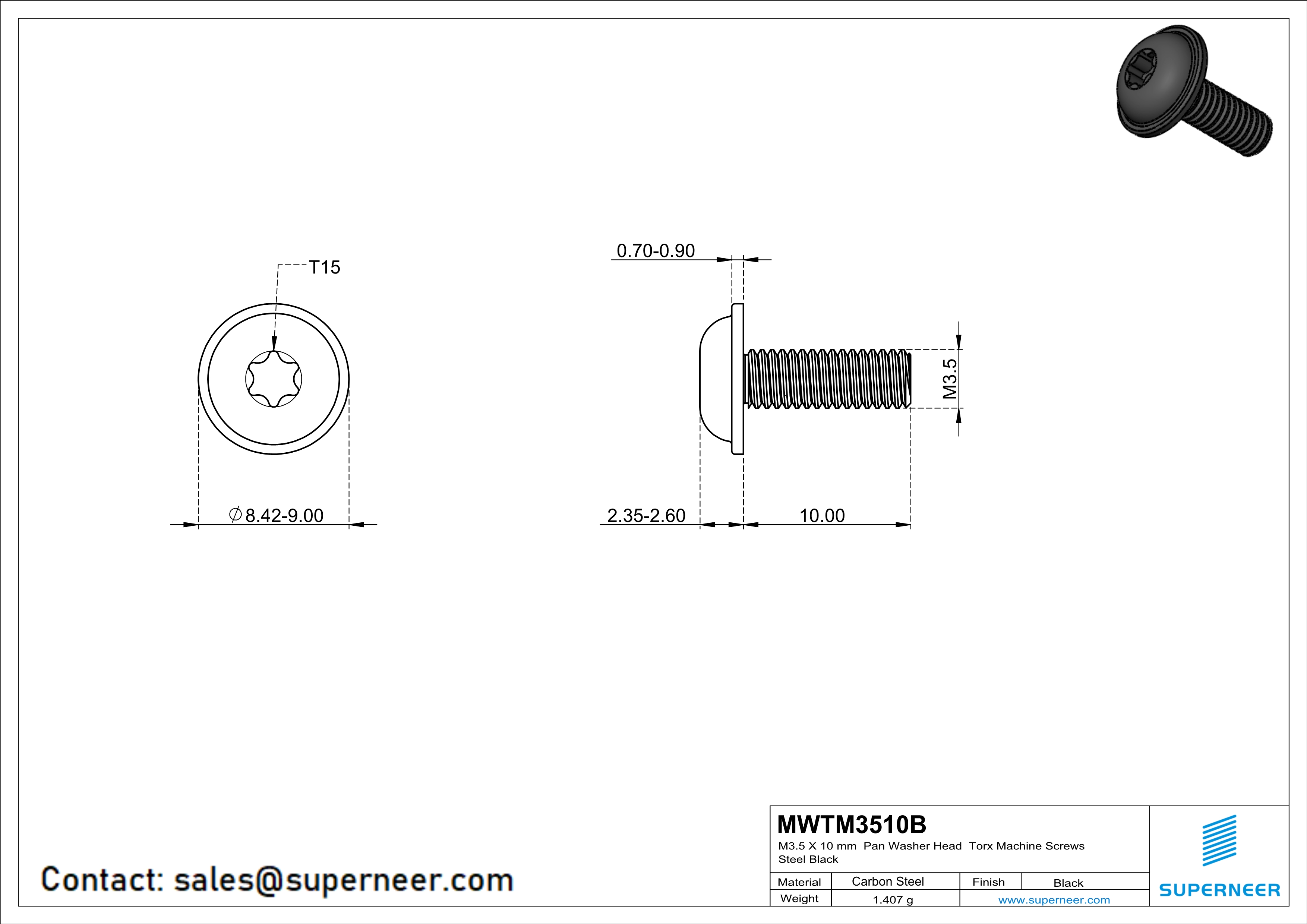 M3.5 x 10 mm Pan Washer Head Torx Machine Screws Steel Black 