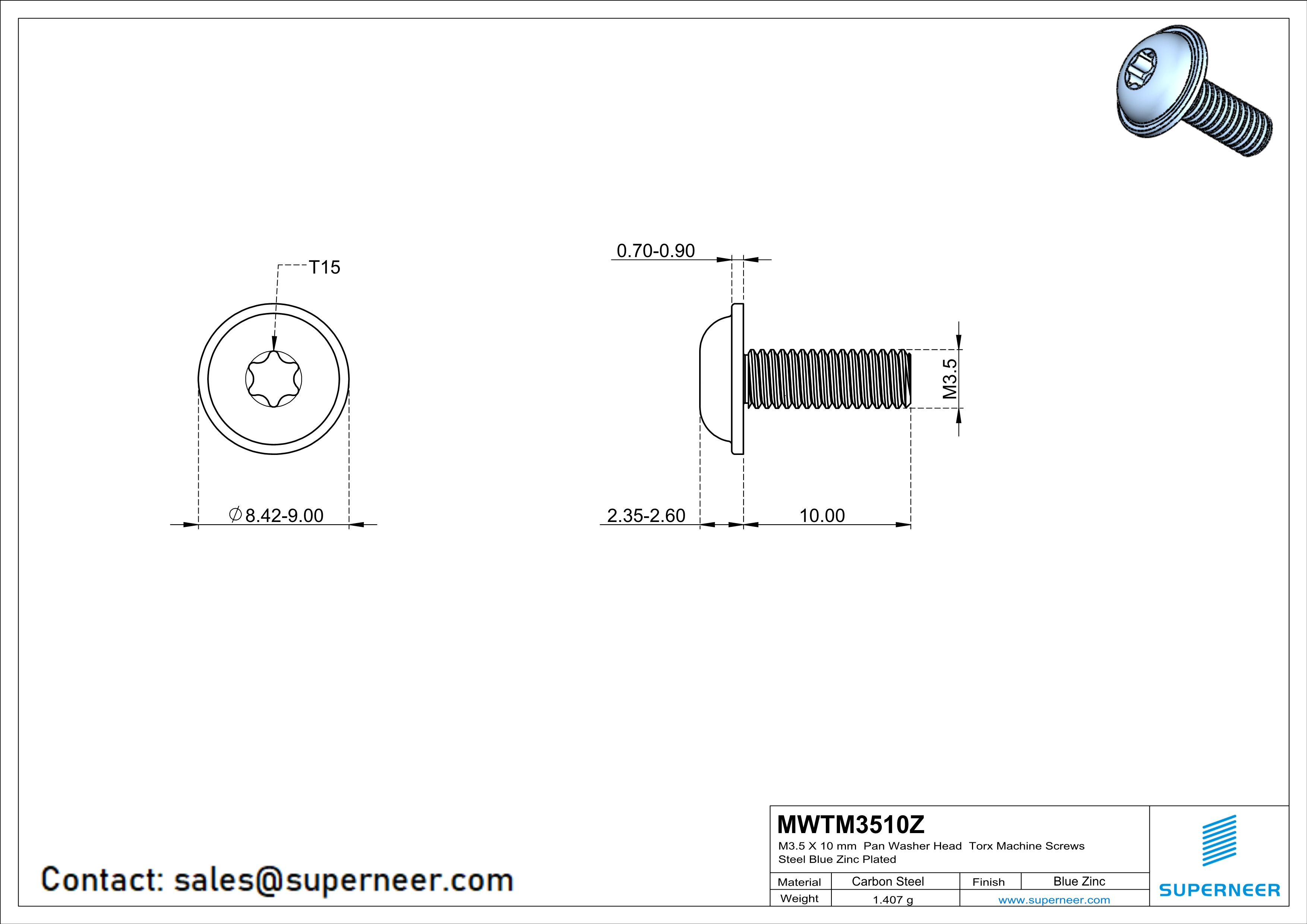 M3.5 x 10 mm Pan Washer Head Torx Machine Screws Steel Blue Zinc Plated 