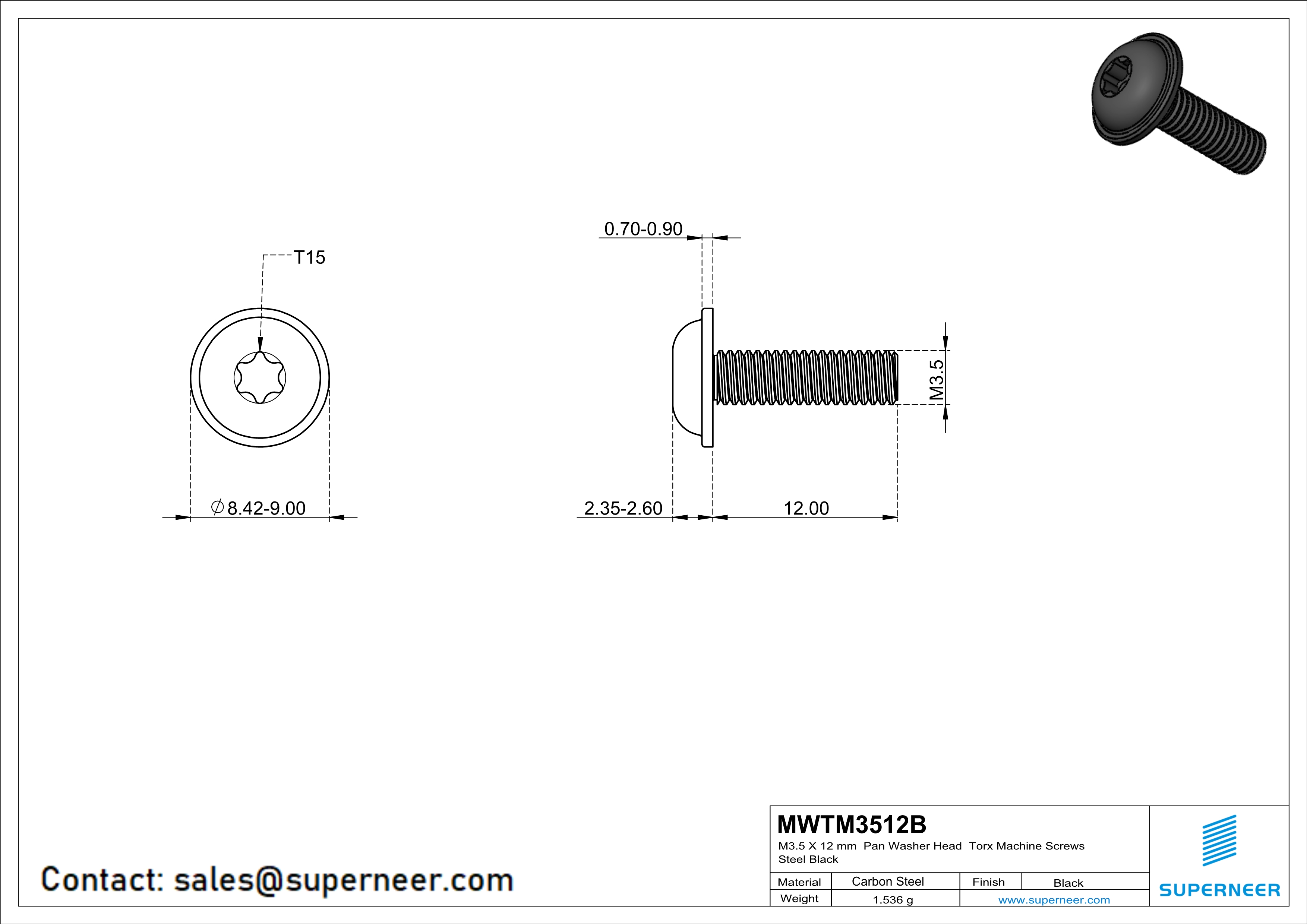 M3.5 x 12 mm Pan Washer Head Torx Machine Screws Steel Black 