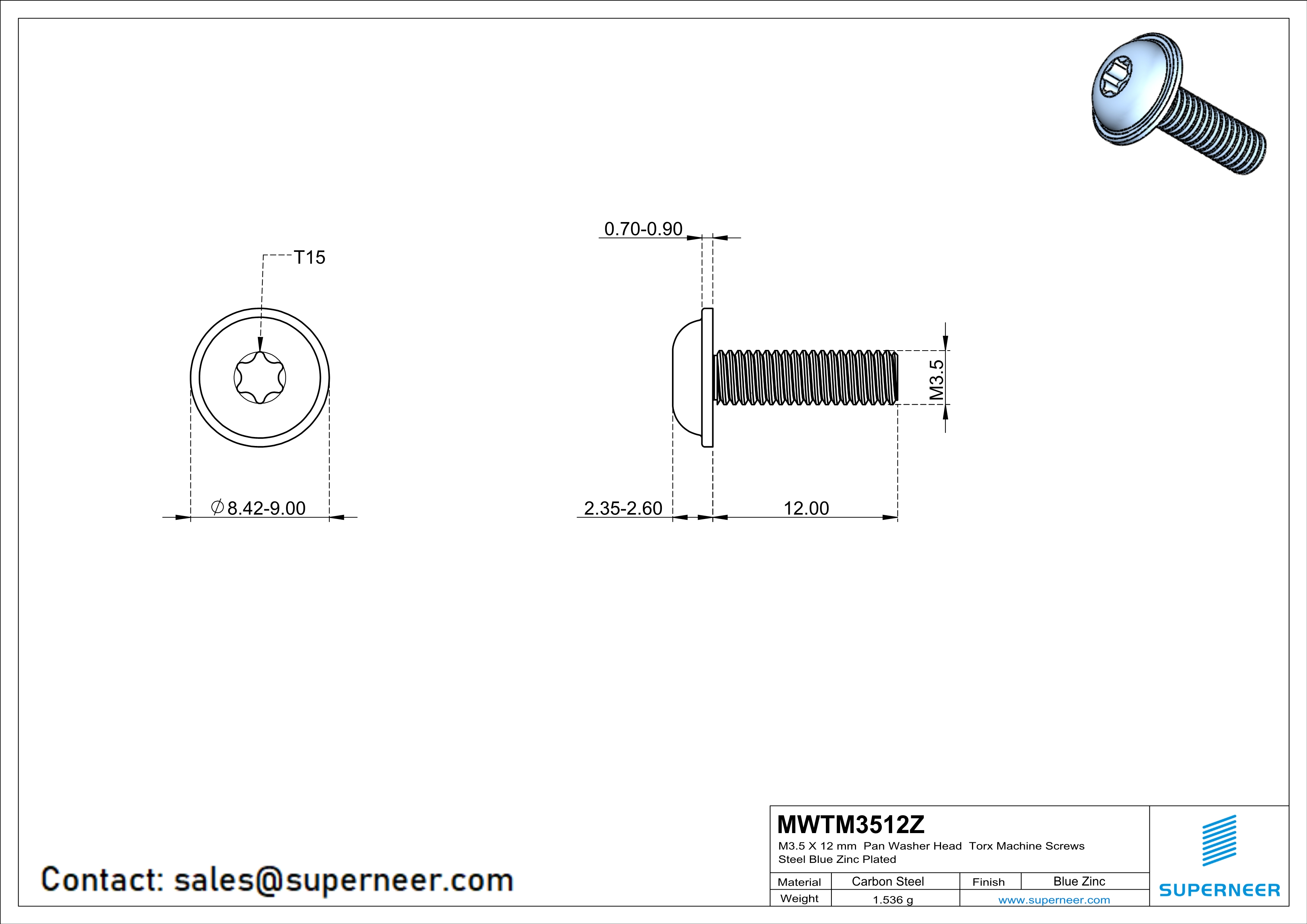 M3.5 x 12 mm Pan Washer Head Torx Machine Screws Steel Blue Zinc Plated 