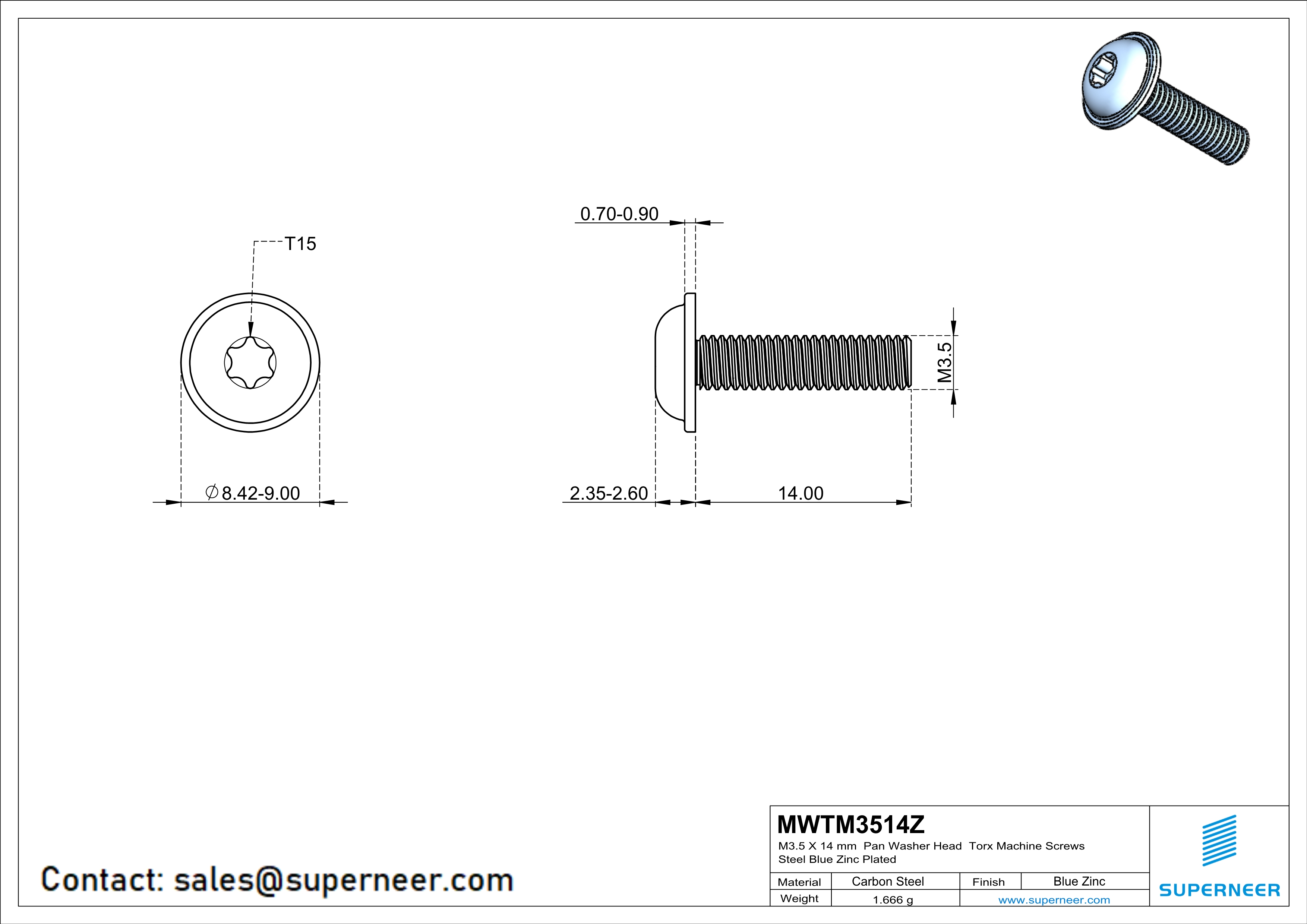 M3.5 x 14 mm Pan Washer Head Torx Machine Screws Steel Blue Zinc Plated 