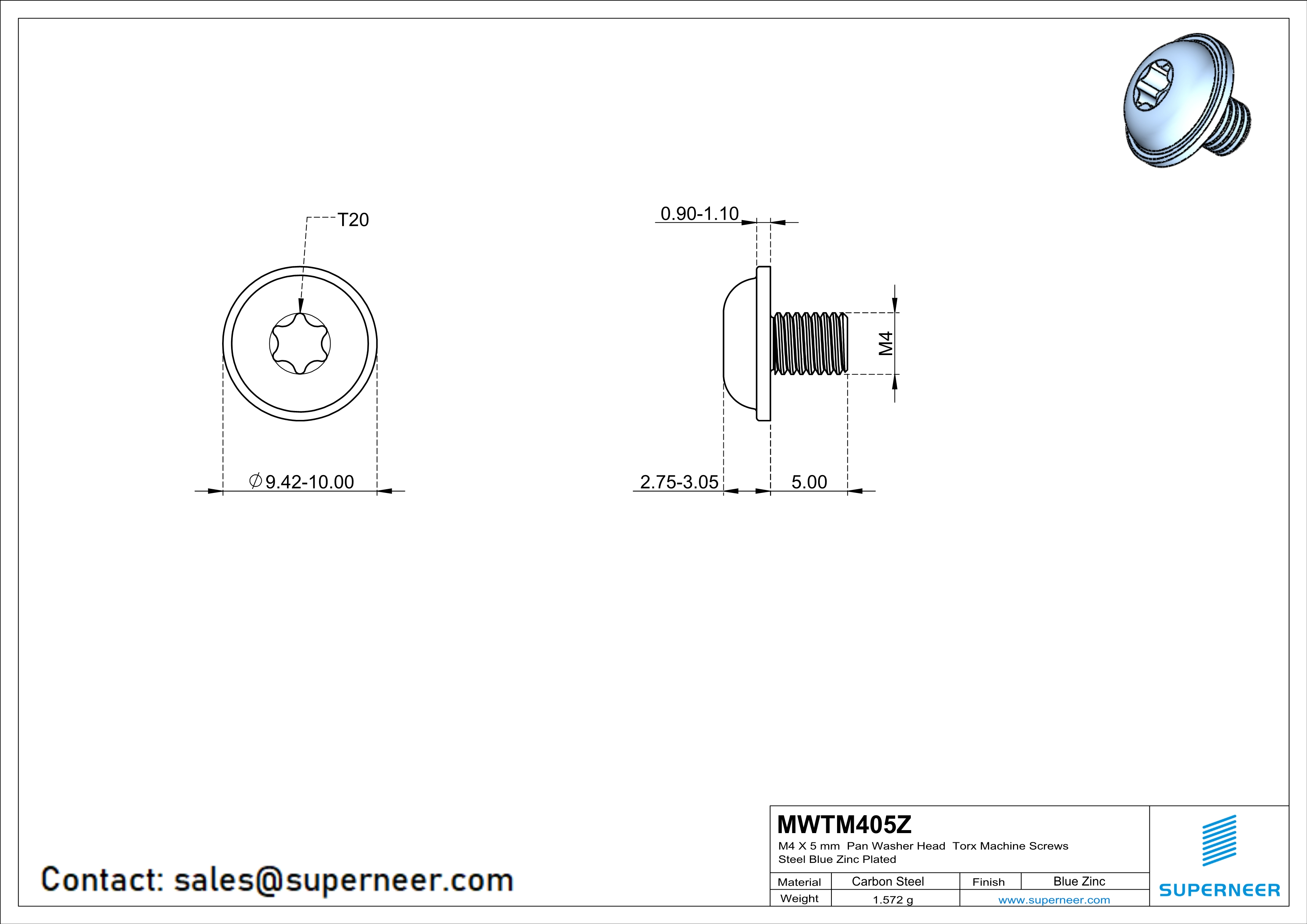 M4 x 5 mm Pan Washer Head Torx Machine Screws Steel Blue Zinc Plated 