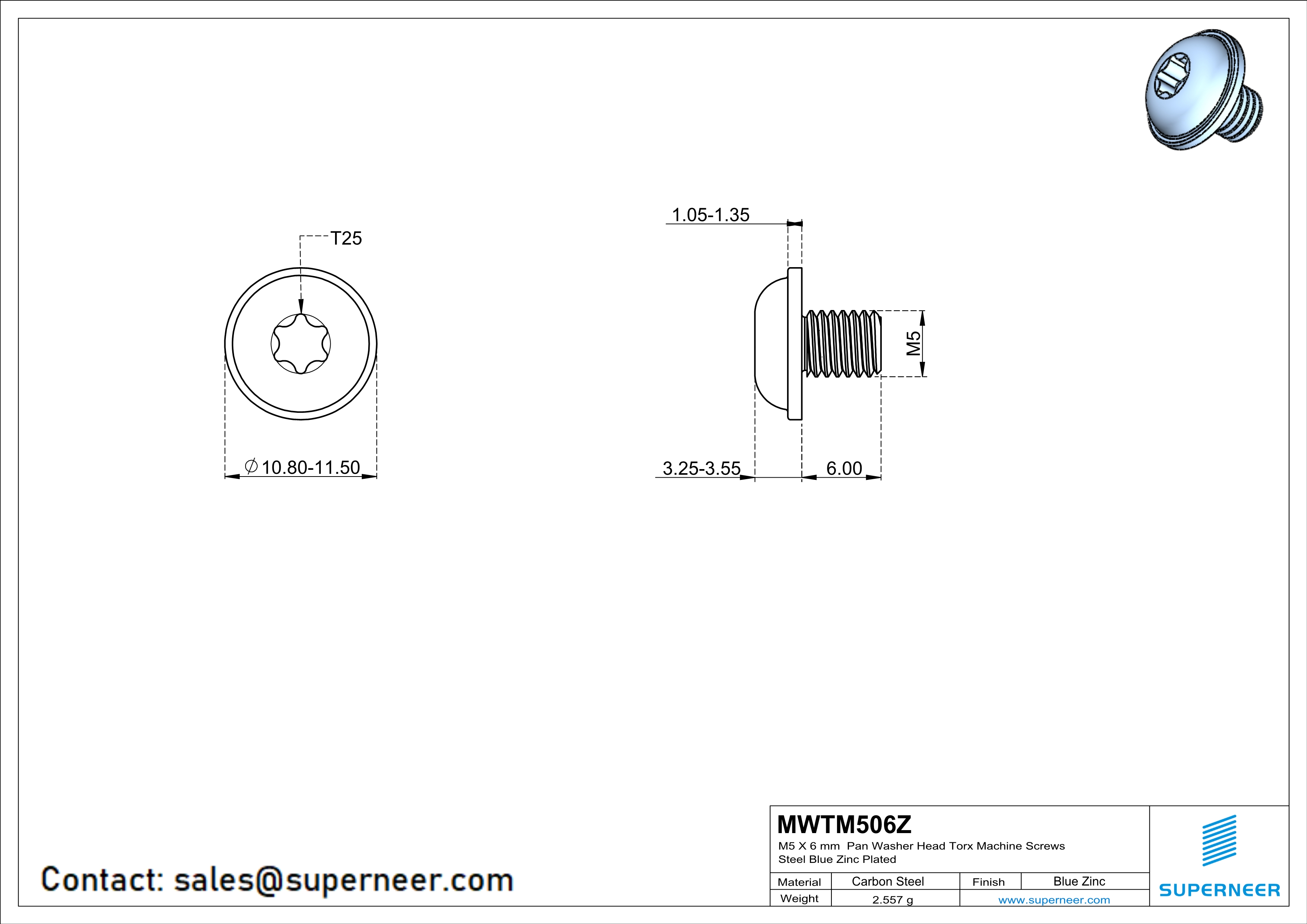 M5 x 6 mm Pan Washer Head Torx Machine Screws Steel Blue Zinc Plated 