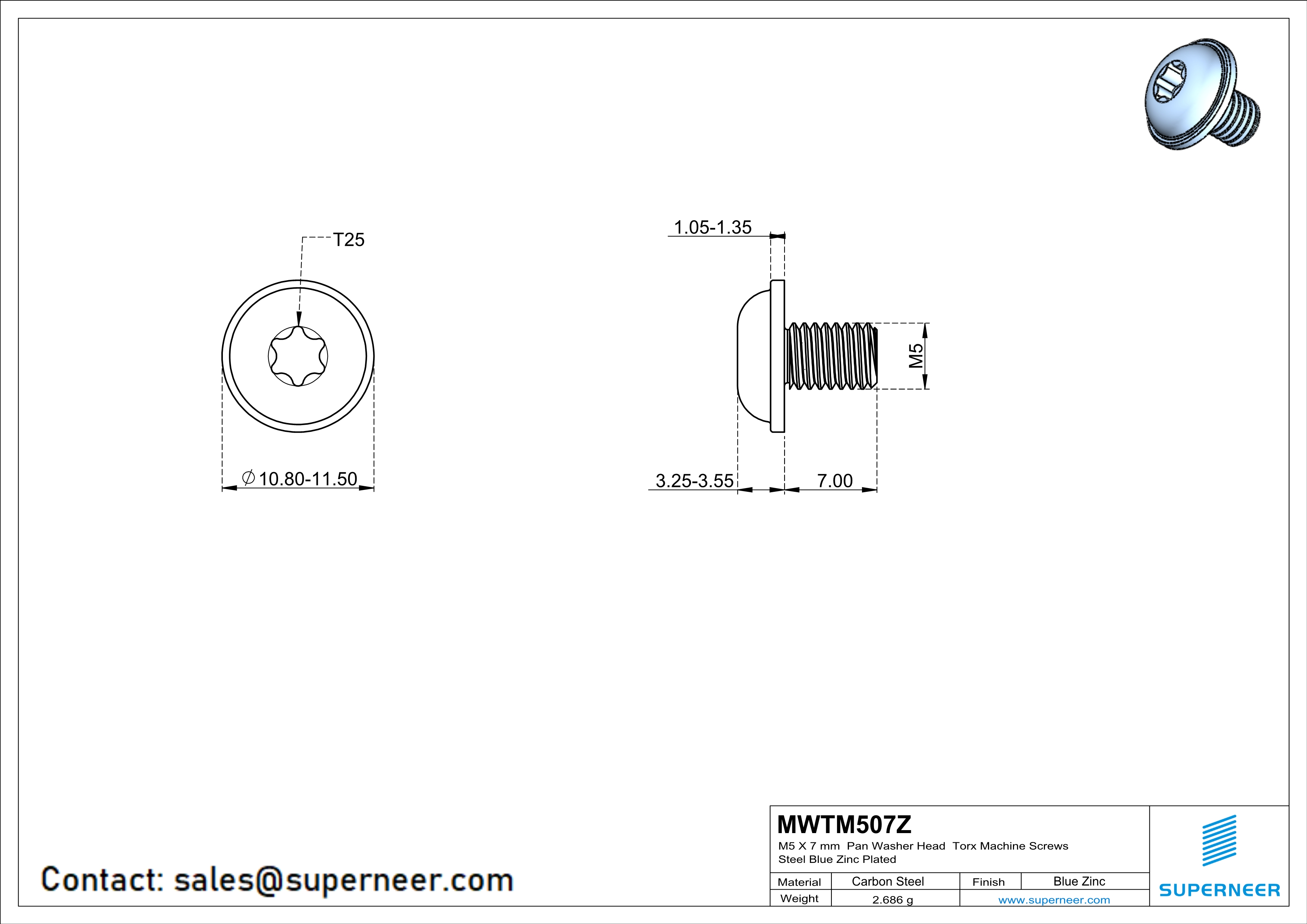 M5 x 7 mm Pan Washer Head Torx Machine Screws Steel Blue Zinc Plated 