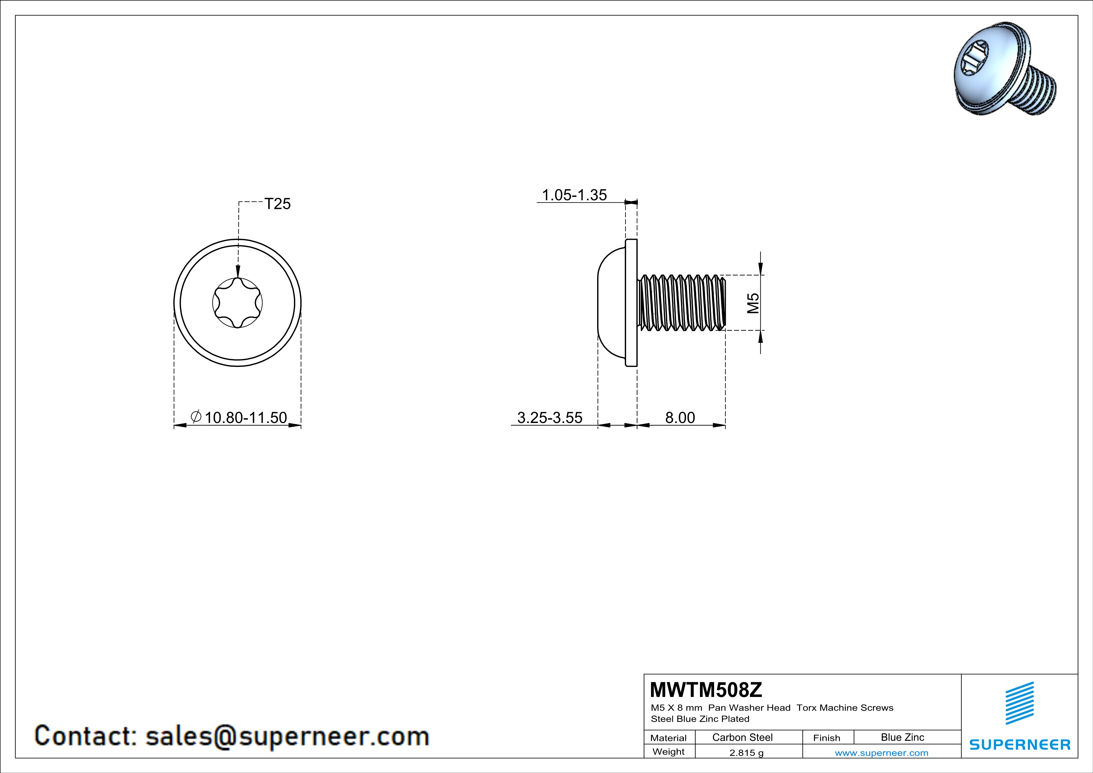M5 x 8 mm Pan Washer Head Torx Machine Screws Steel Blue Zinc Plated 