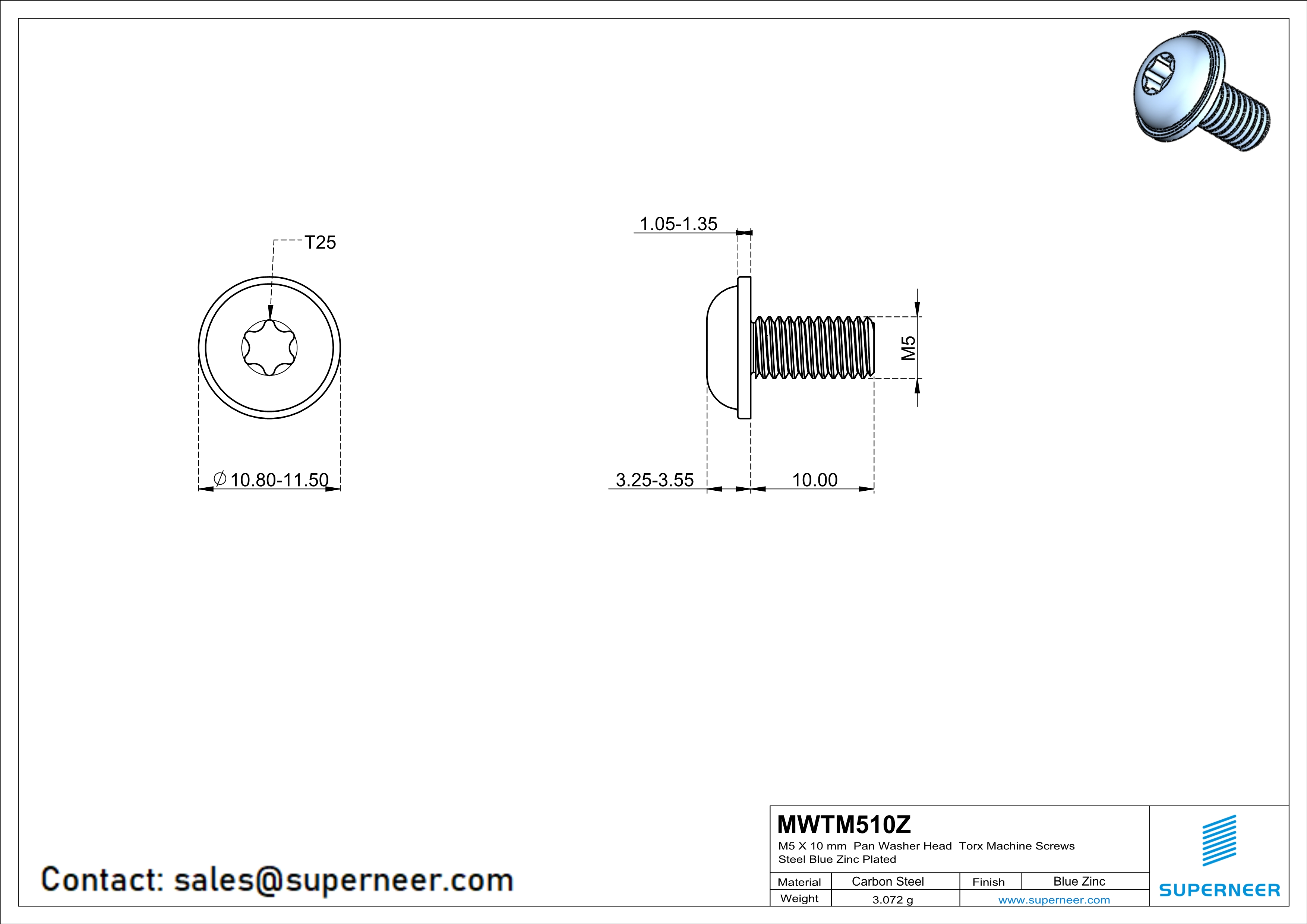 M5 x 10 mm Pan Washer Head Torx Machine Screws Steel Blue Zinc Plated 