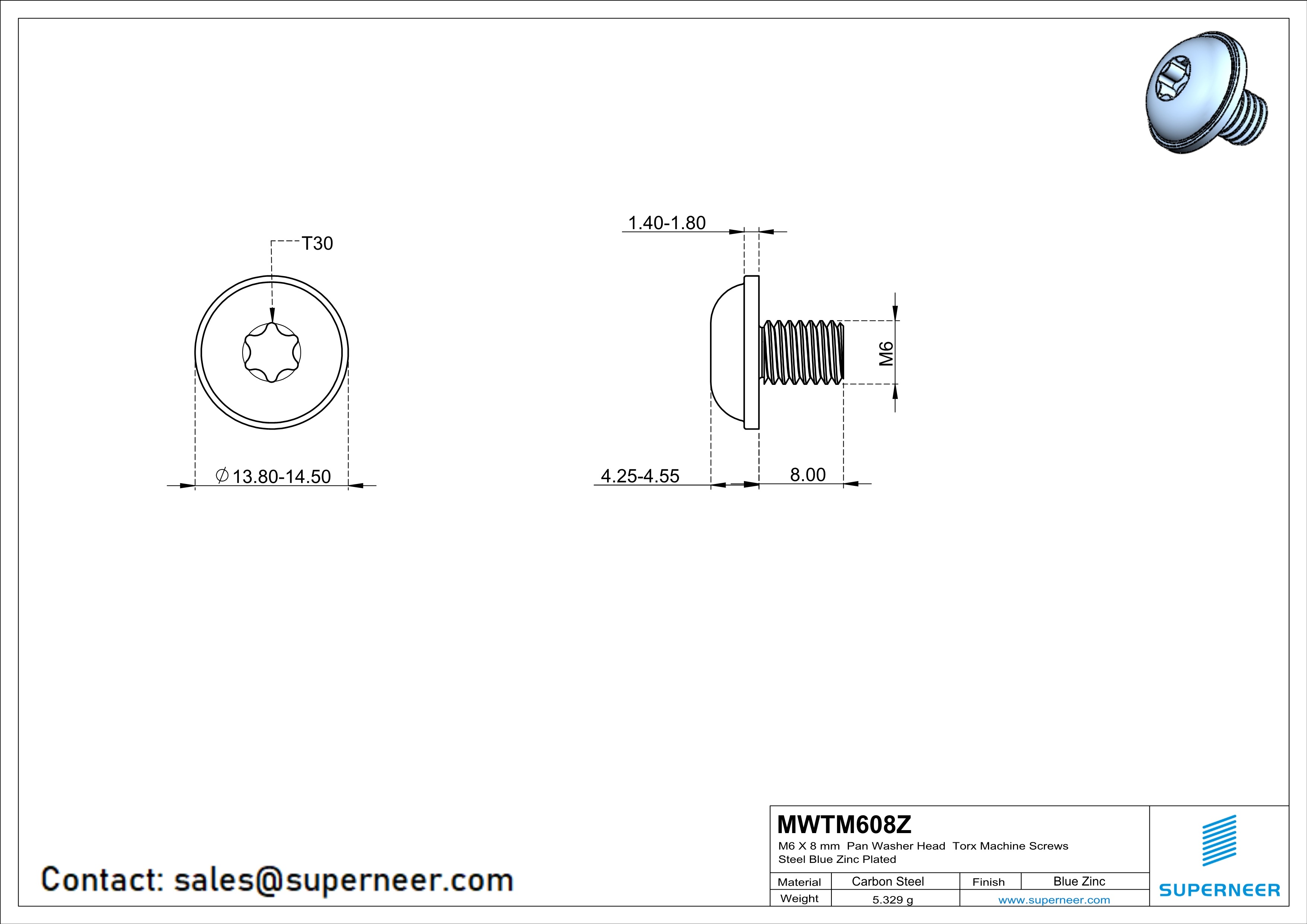 M6 x 8 mm Pan Washer Head Torx Machine Screws Steel Blue Zinc Plated 
