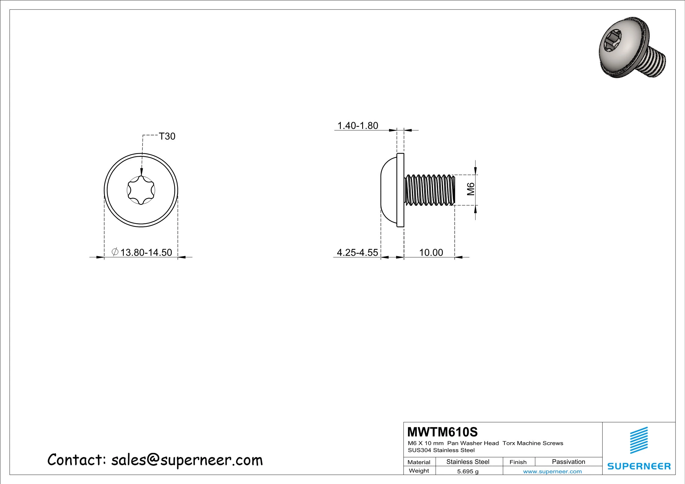 M6 x 10 mm Pan Washer Head Torx Machine Screws SUS304 Stainless Steel Inox 