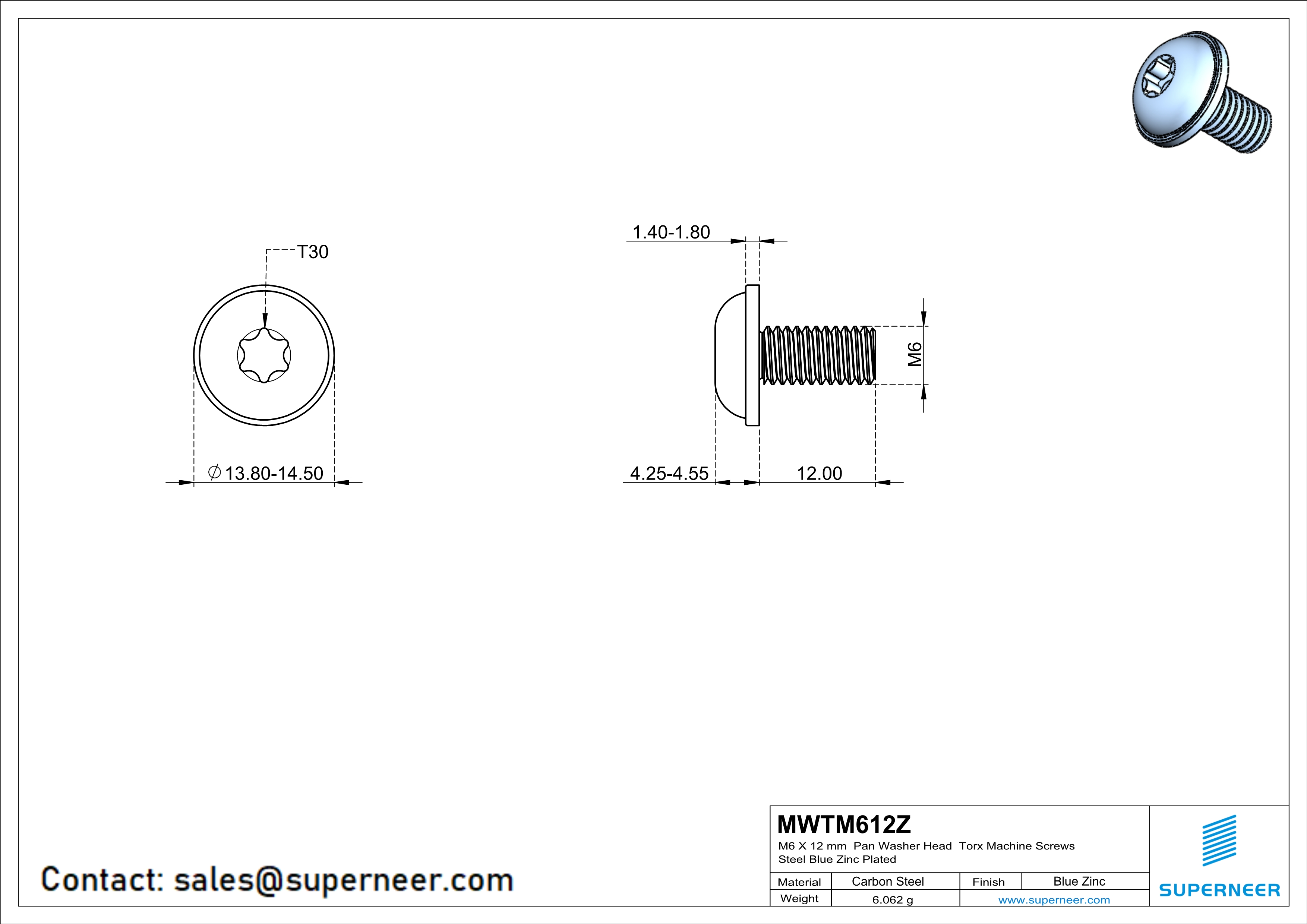 M6 x 12 mm Pan Washer Head Torx Machine Screws Steel Blue Zinc Plated 