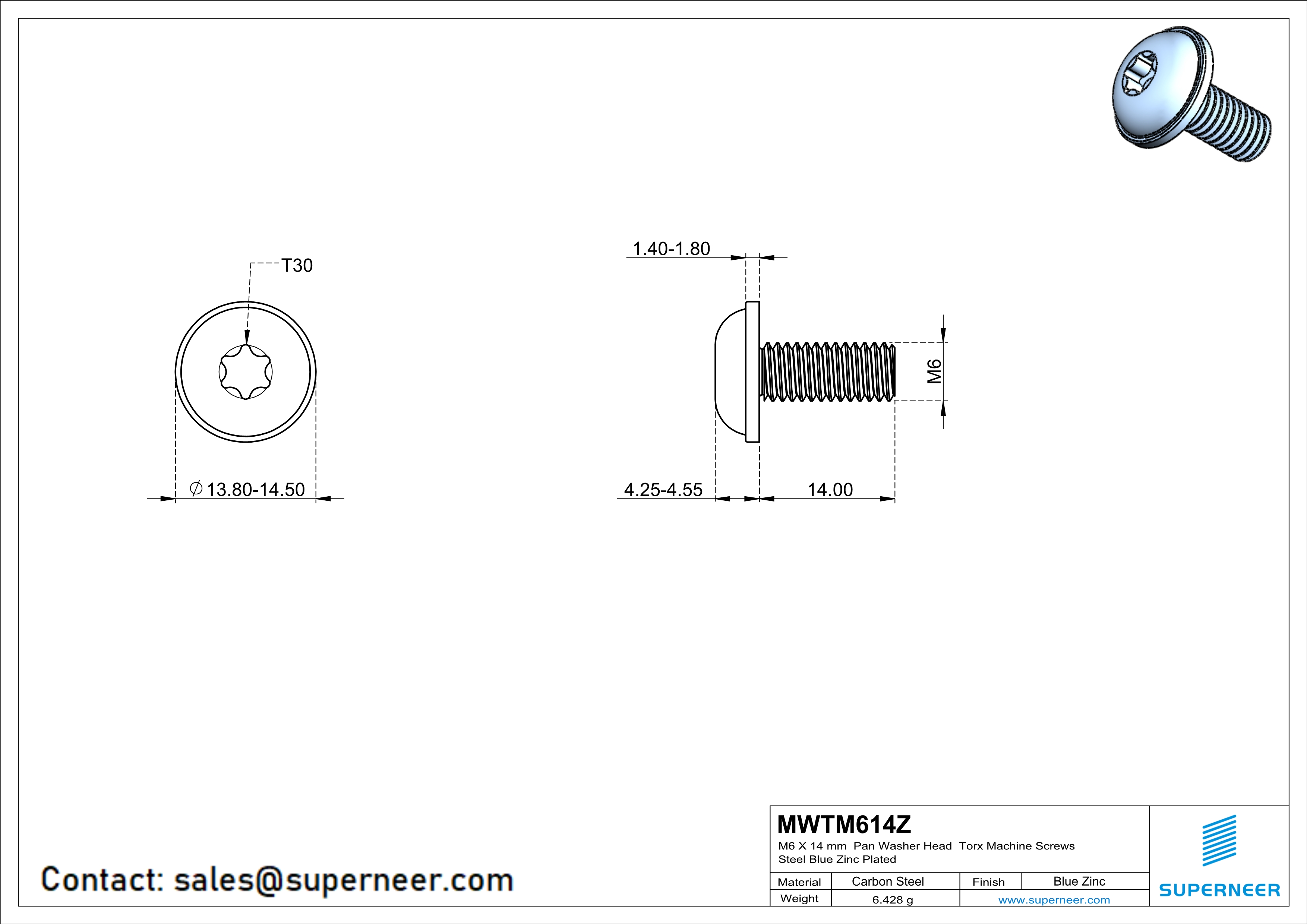 M6 x 14 mm Pan Washer Head Torx Machine Screws Steel Blue Zinc Plated 