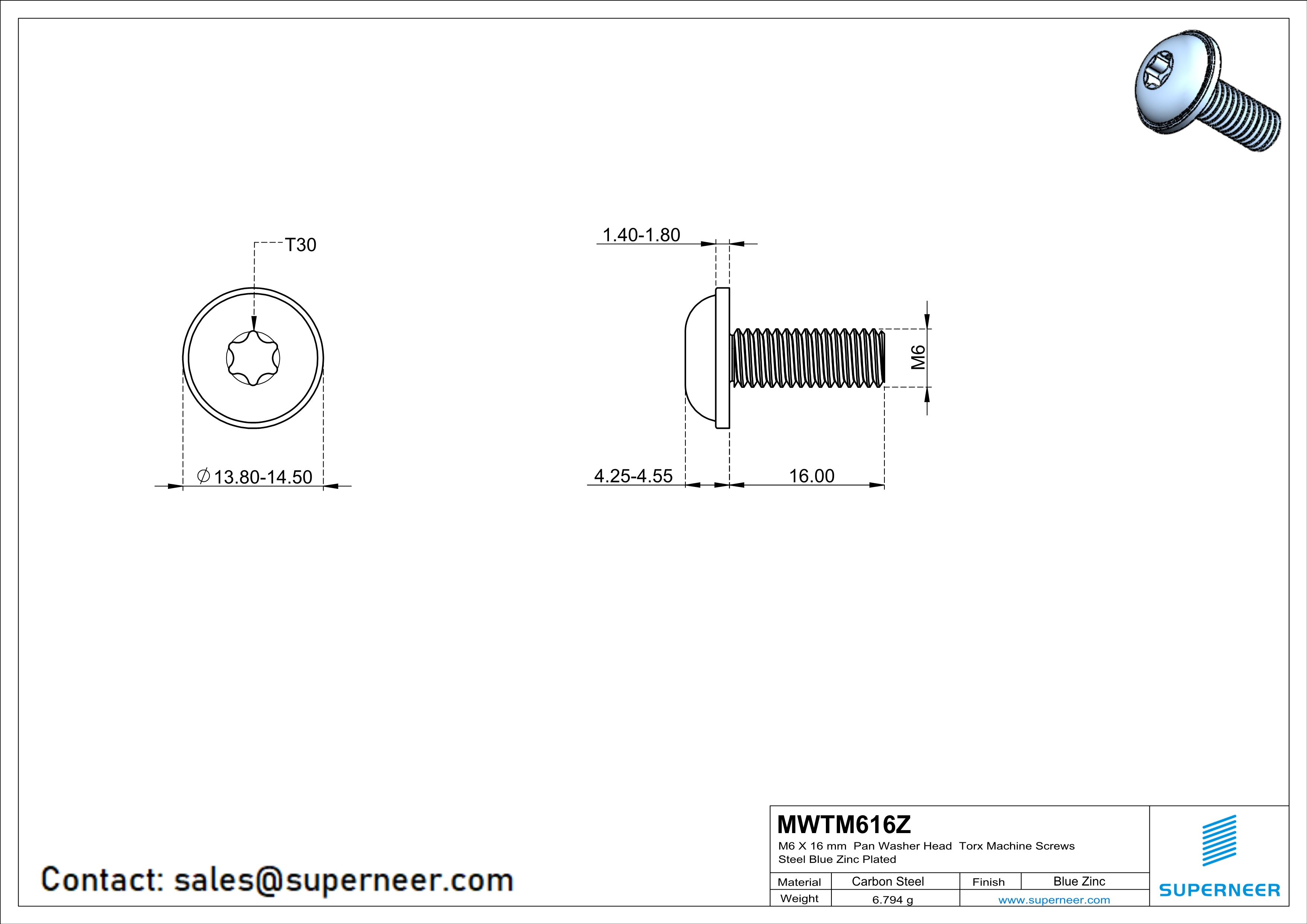 M6 x 16 mm Pan Washer Head Torx Machine Screws Steel Blue Zinc Plated 