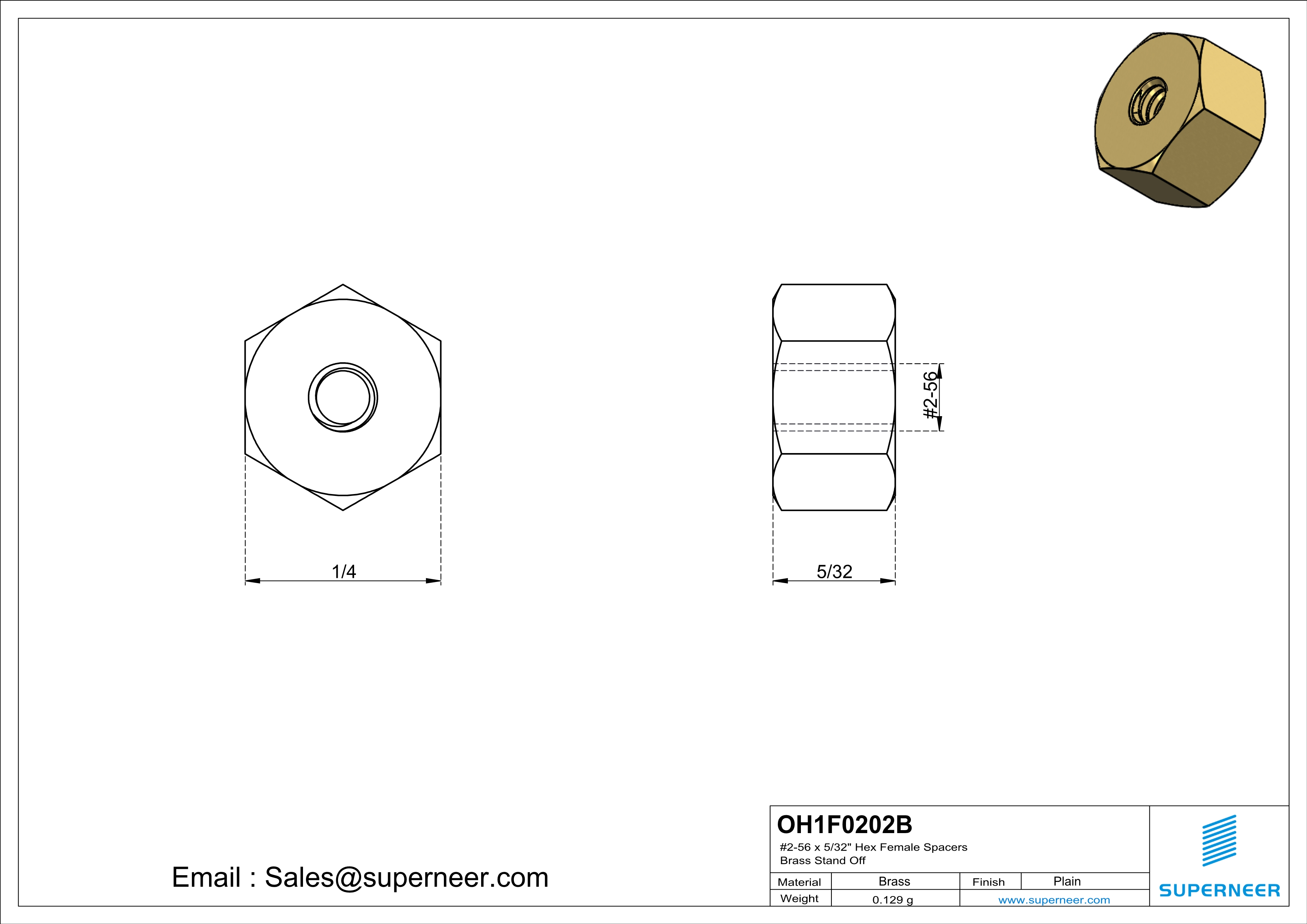 2-56 x 5/32" Hex Female Spacers Brass Stand Off  