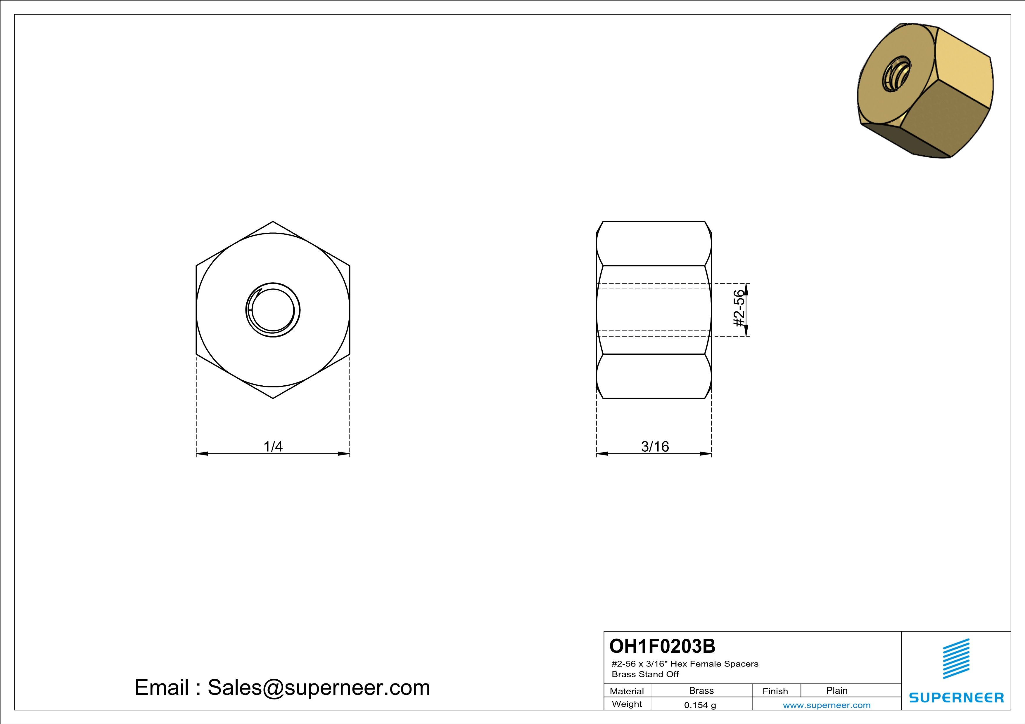 2-56 x 3/16" Hex Female Spacers Brass Stand Off  