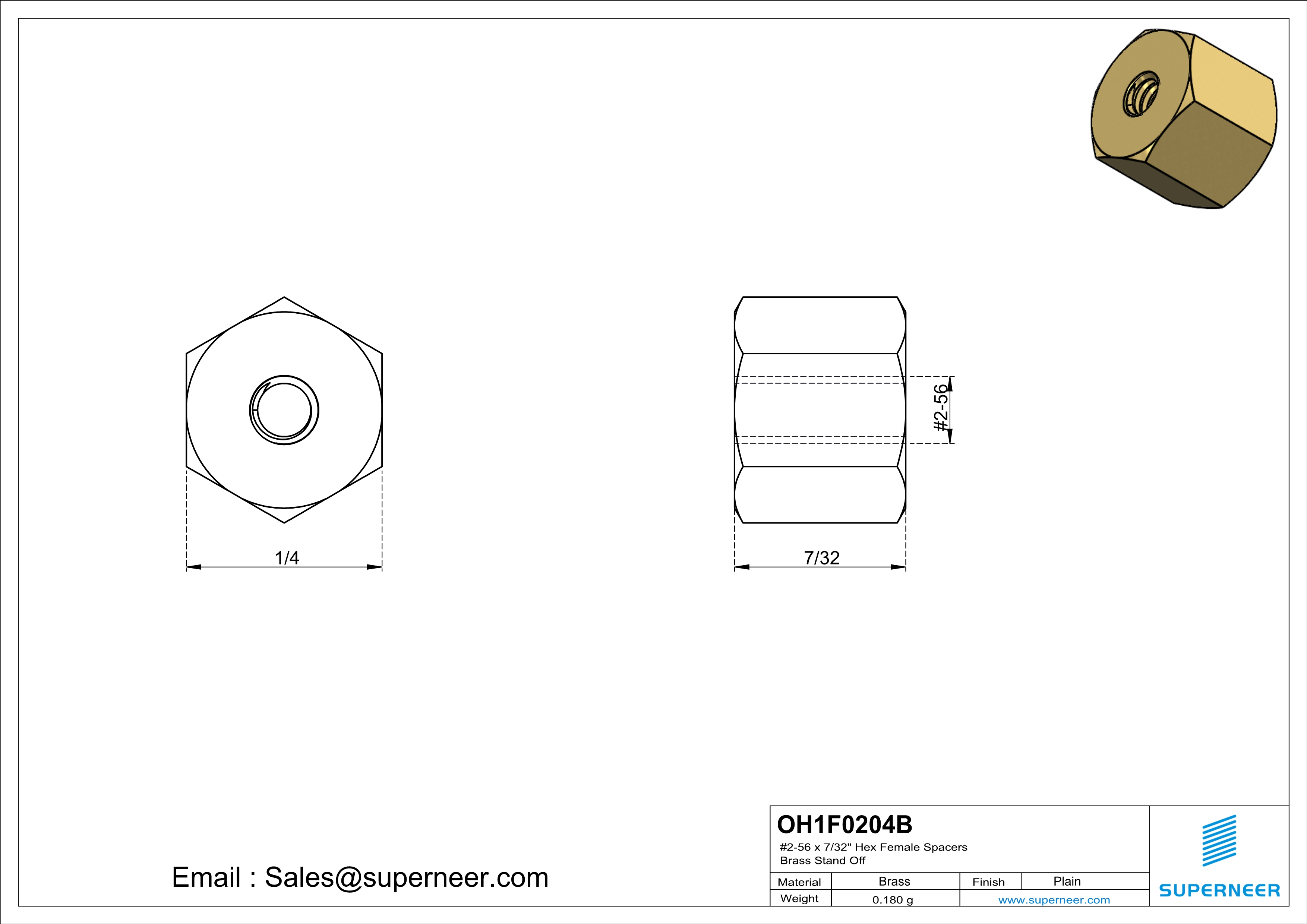 2-56 x 7/32" Hex Female Spacers Brass Stand Off  