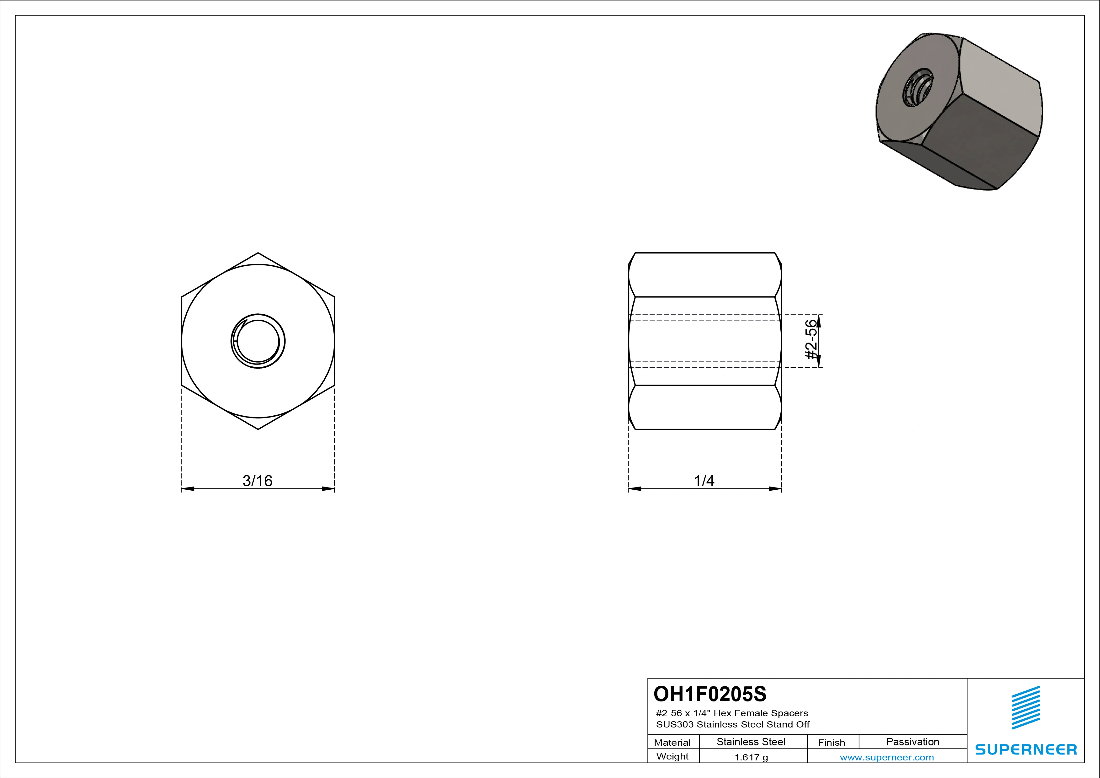 2-56 x 1/4" Hex Female Spacers SUS303 Stainless Steel Inox Stand Off 