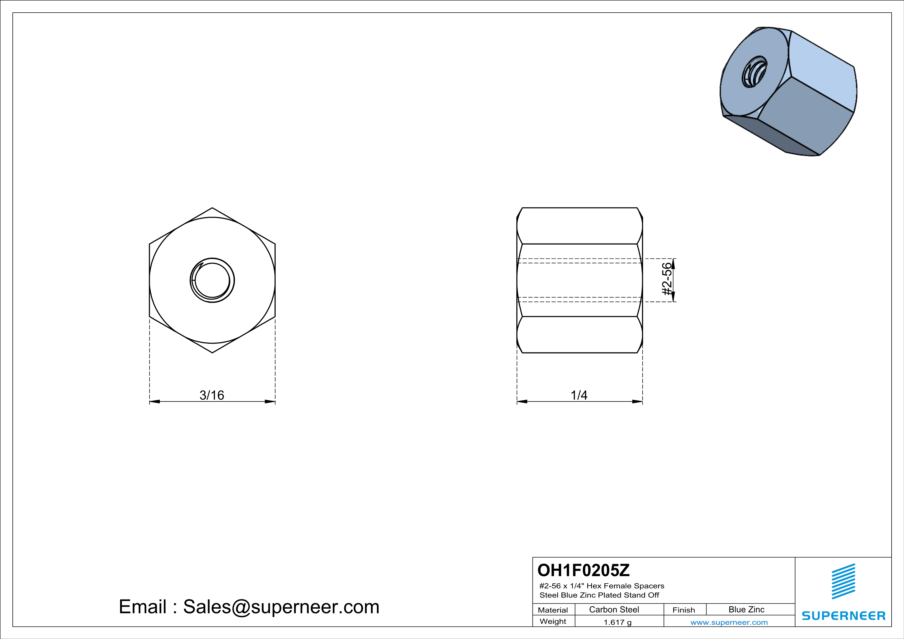 2-56 x 1/4" Hex Female Spacers Steel Blue Zinc Plated Stand Off 