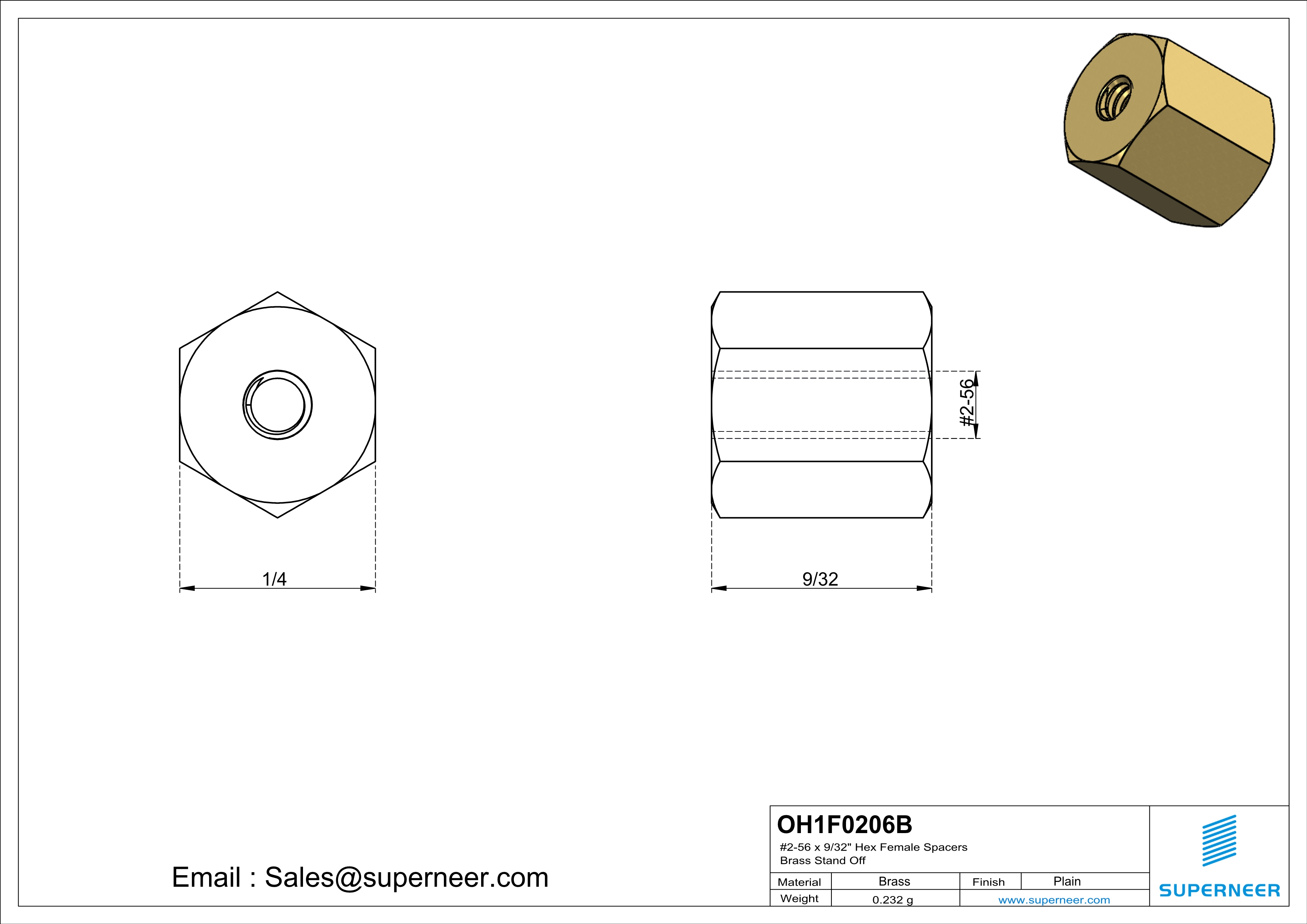 2-56 x 9/32" Hex Female Spacers Brass Stand Off  