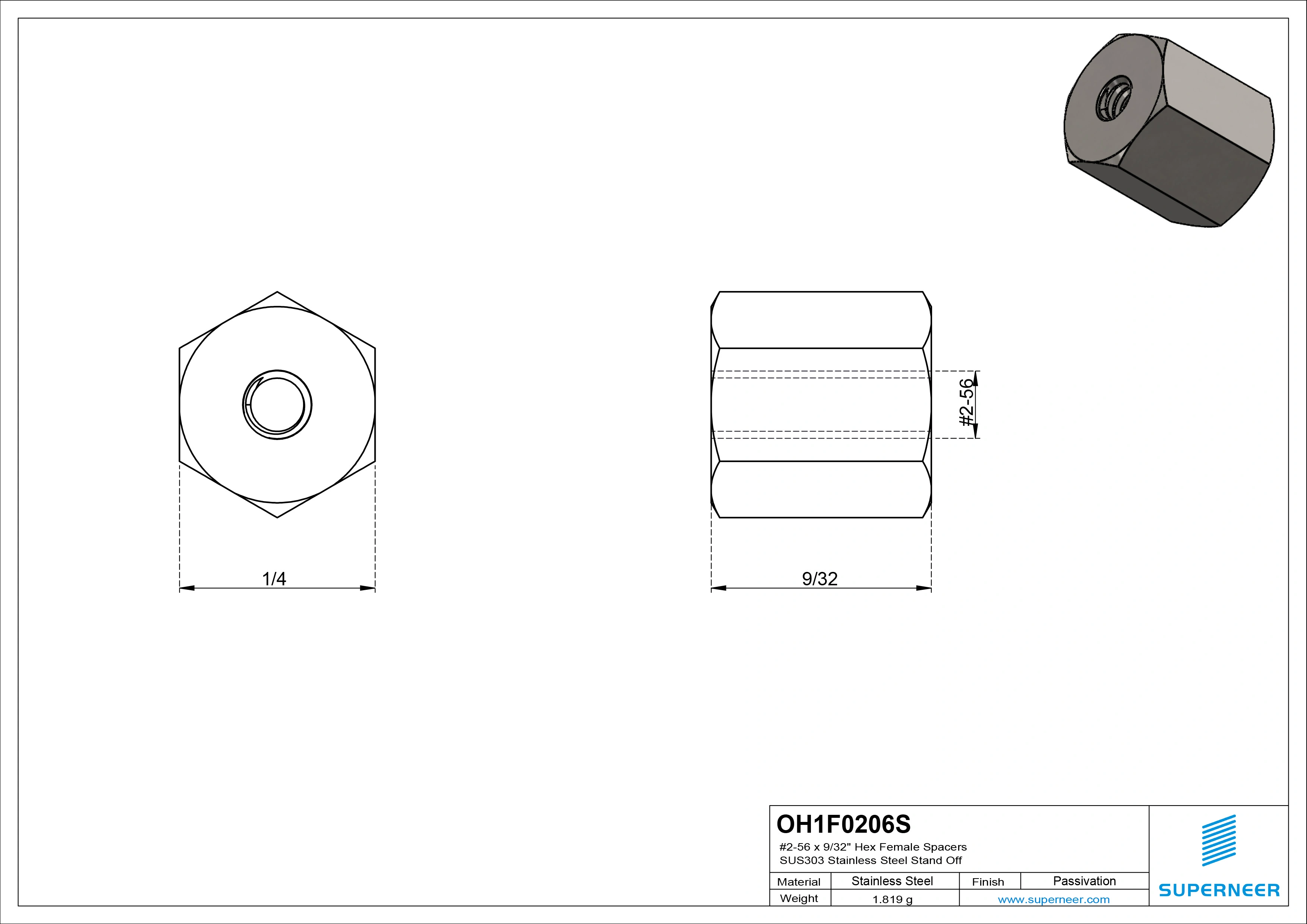 2-56 x 9/32" Hex Female Spacers SUS303 Stainless Steel Inox Stand Off 