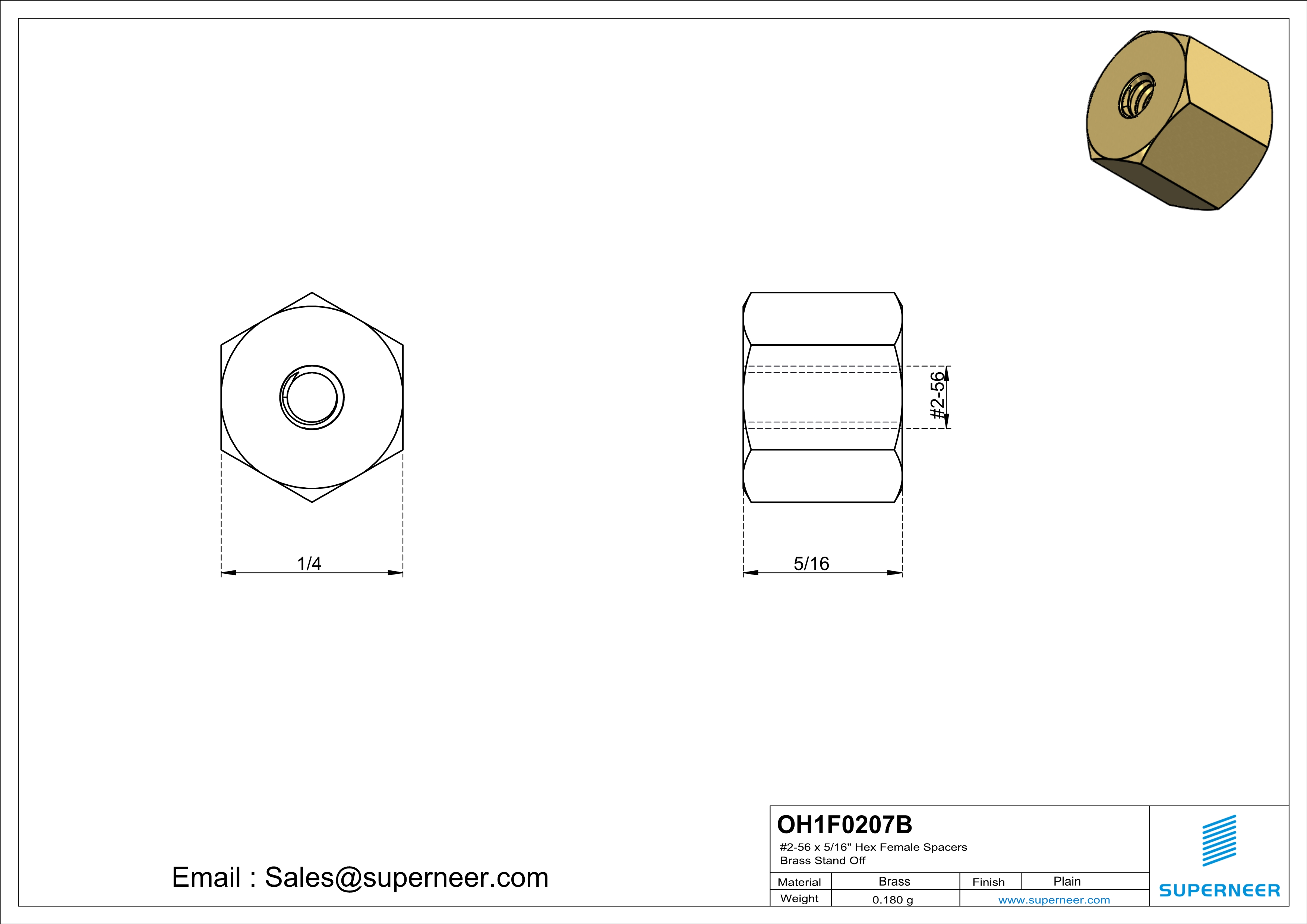 2-56 x 5/16" Hex Female Spacers Brass Stand Off  