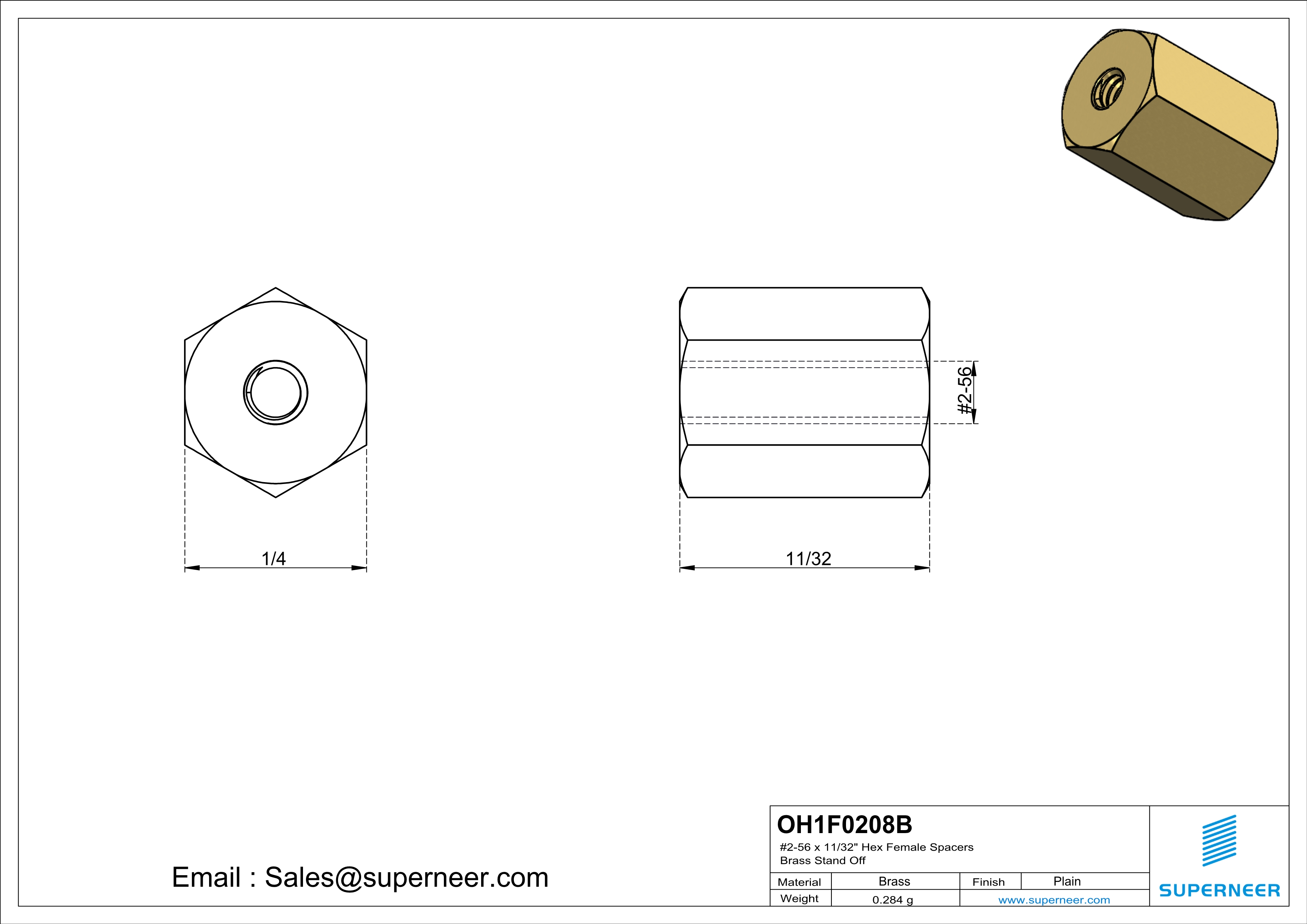 2-56 x 11/32" Hex Female Spacers Brass Stand Off  