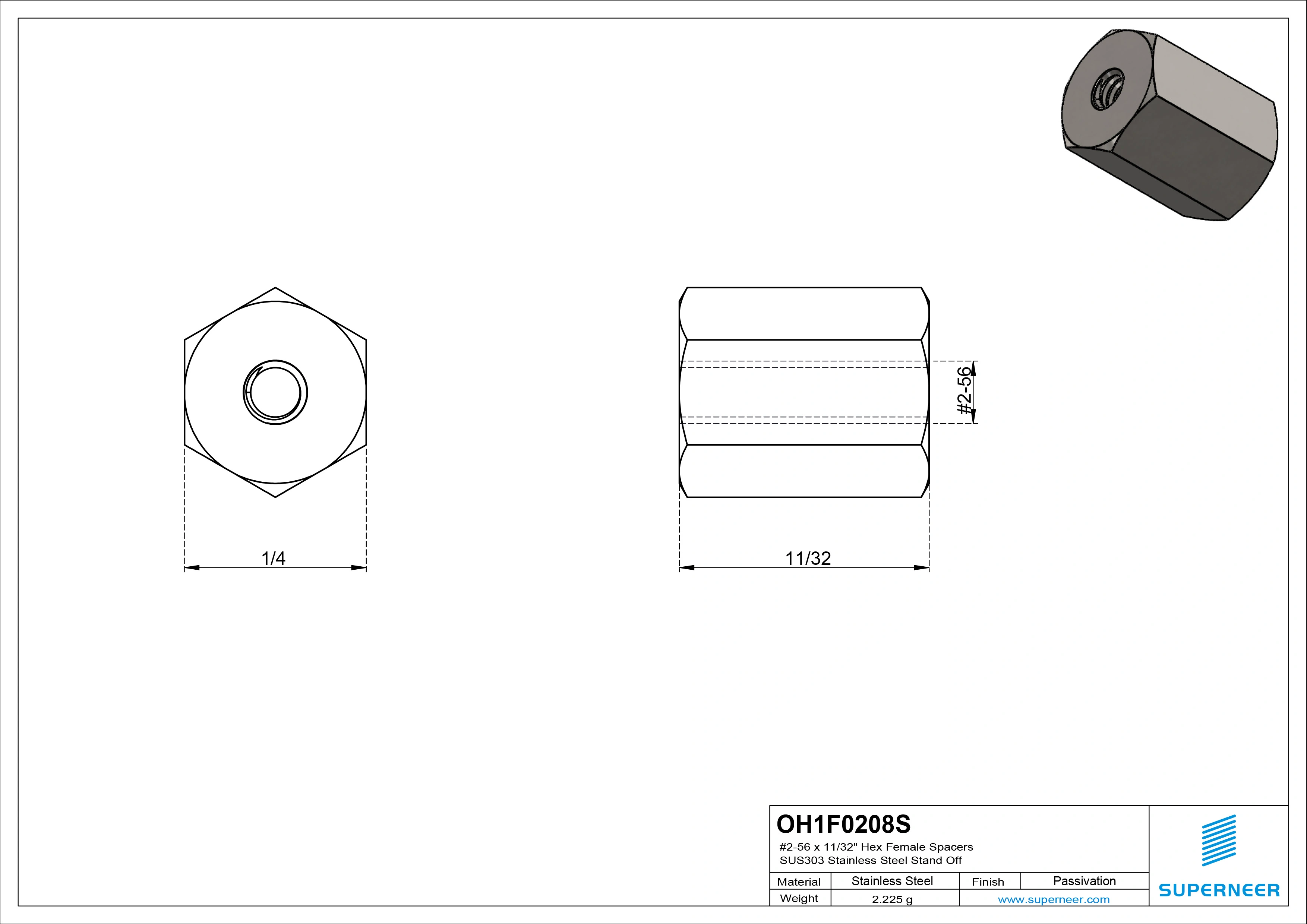 2-56 x 11/32" Hex Female Spacers SUS303 Stainless Steel Inox Stand Off 