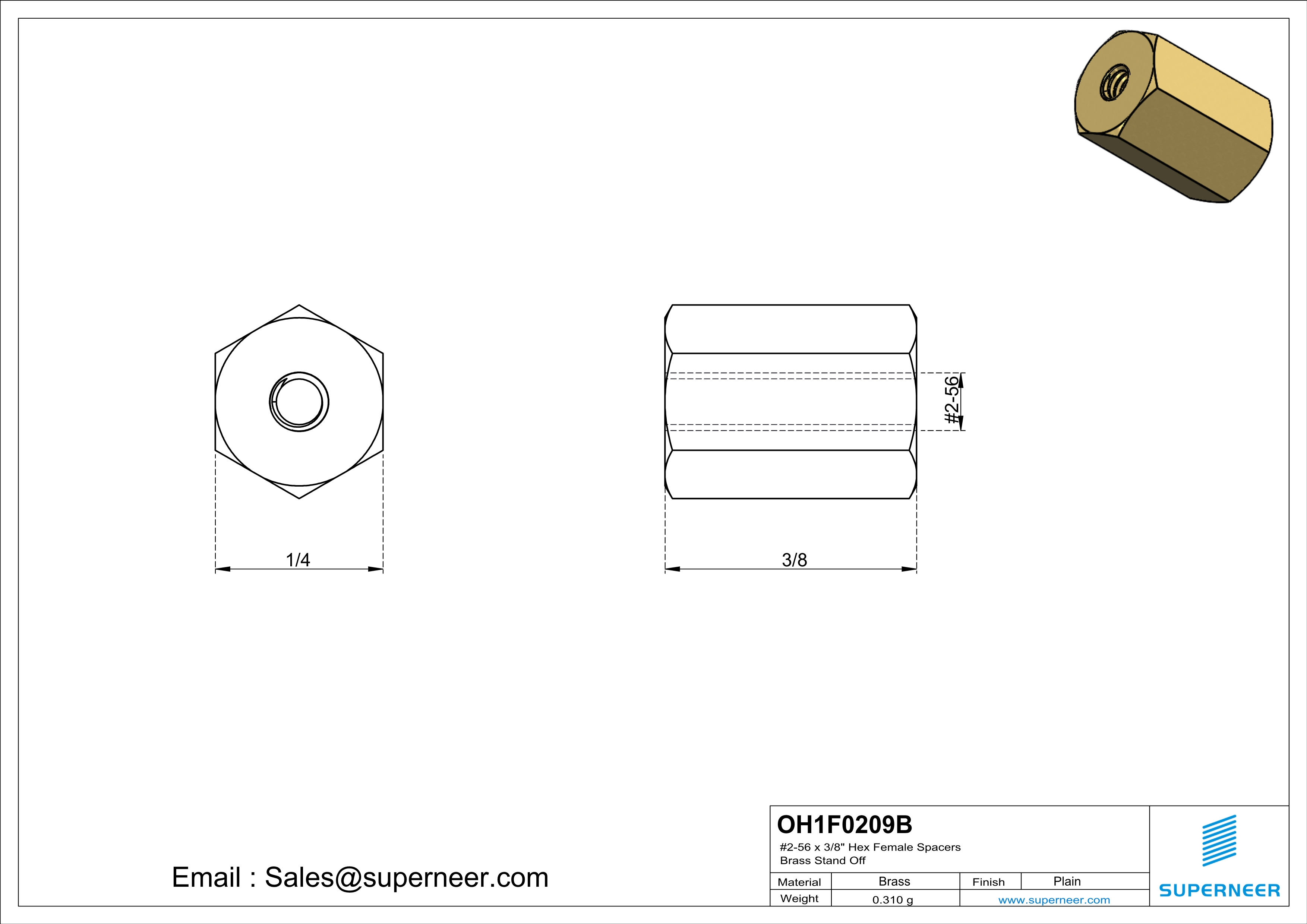 2-56 x 3/8" Hex Female Spacers Brass Stand Off  