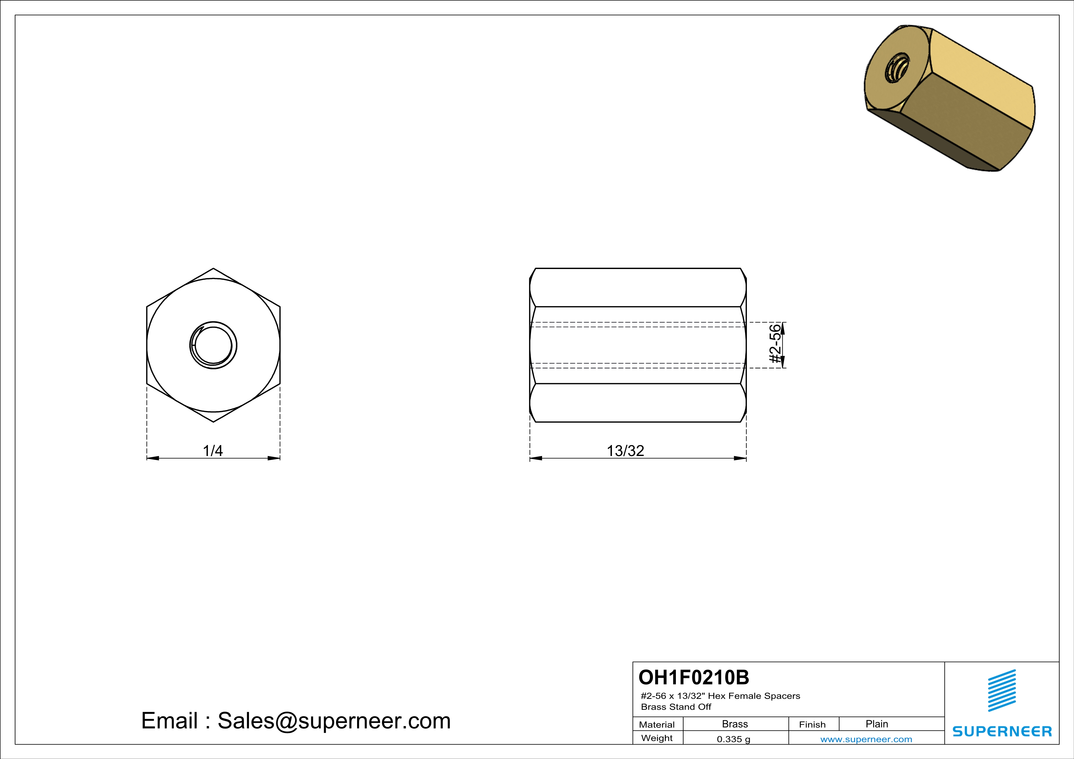 2-56 x 13/32" Hex Female Spacers Brass Stand Off  