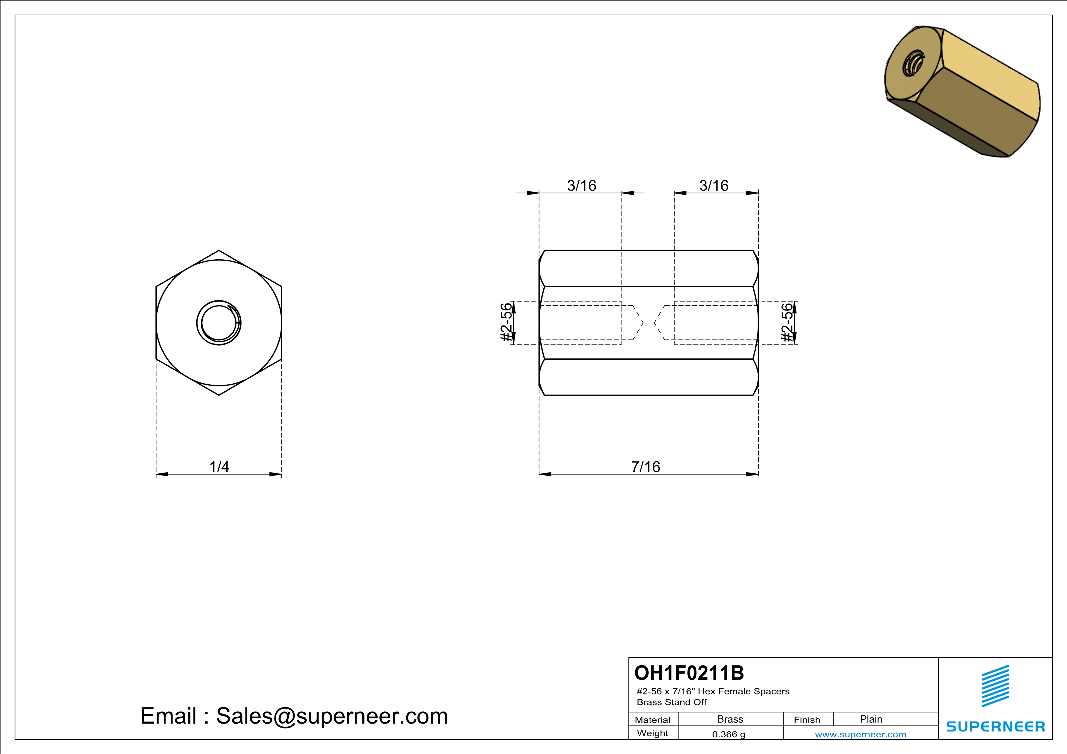 2-56 x 7/16" Hex Female Spacers Brass Stand Off  