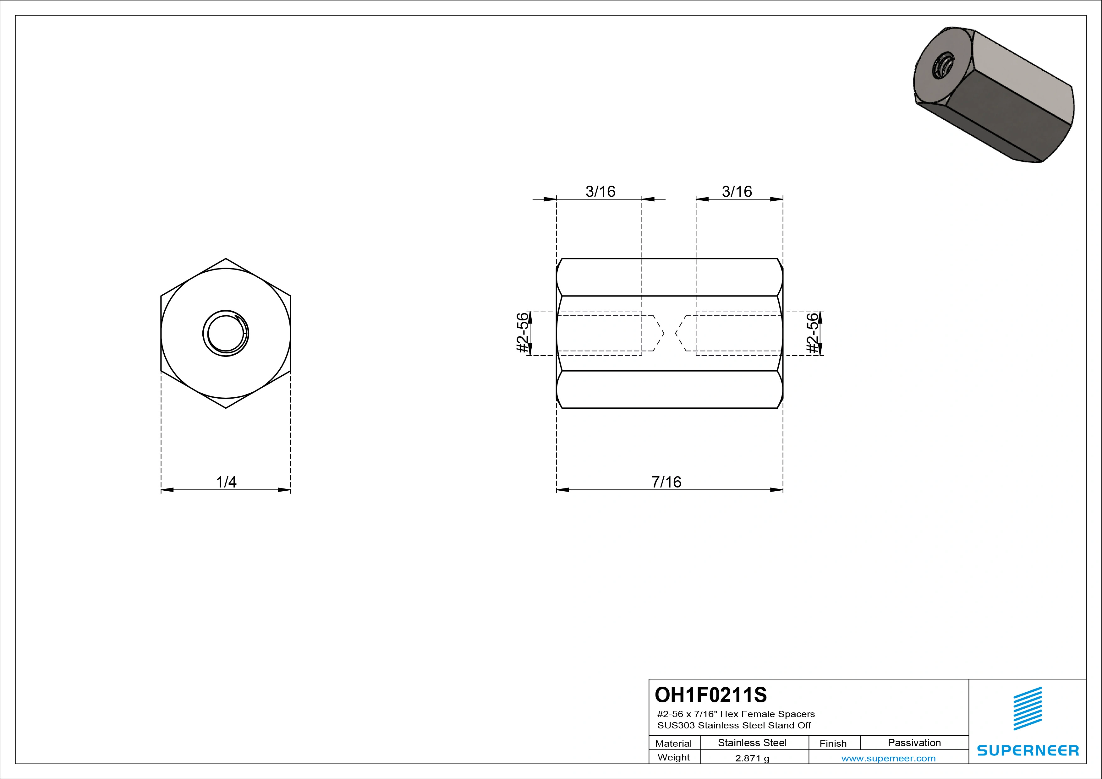 2-56 x 7/16" Hex Female Spacers SUS303 Stainless Steel Inox Stand Off 