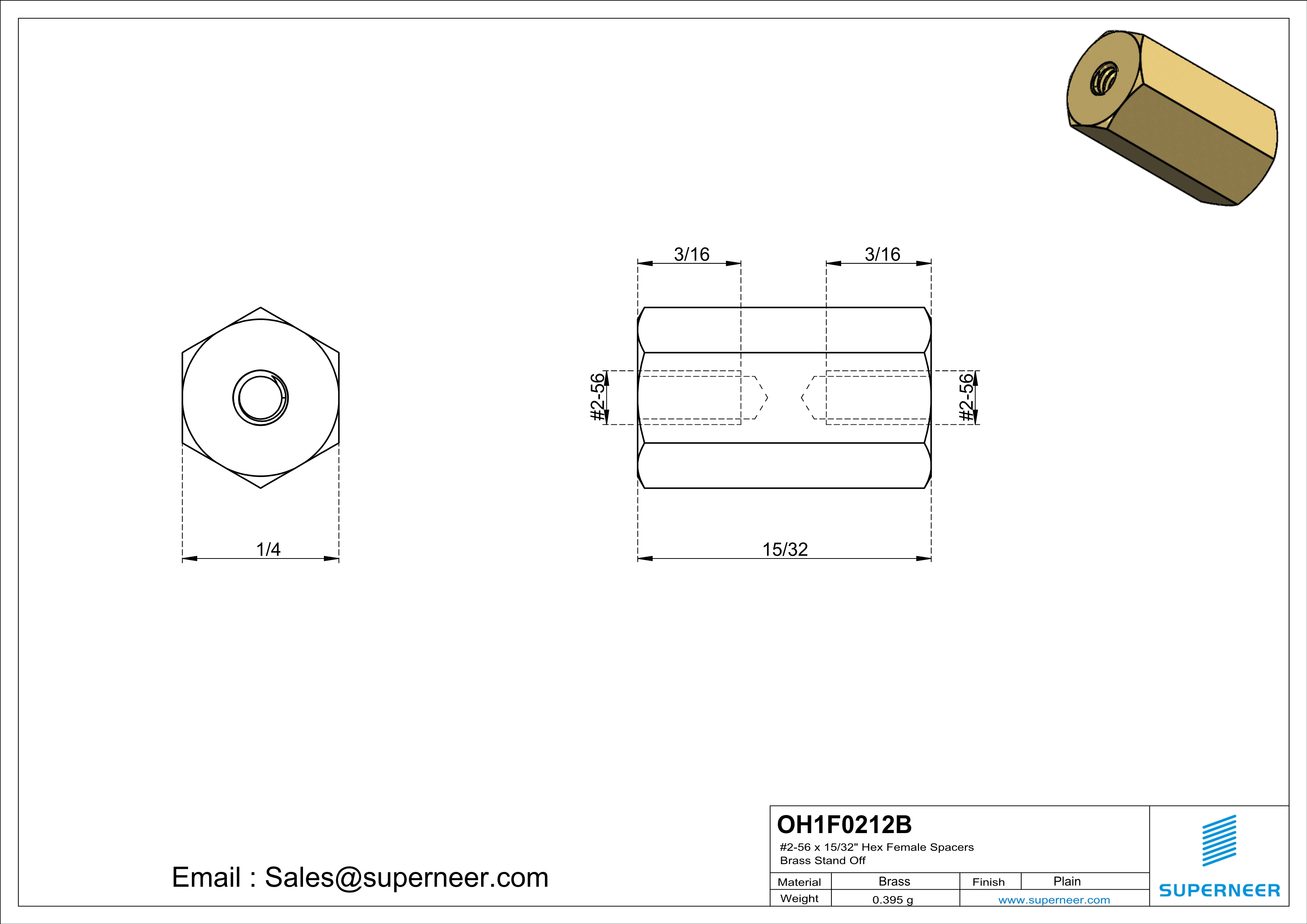 2-56 x 15/32" Hex Female Spacers Brass Stand Off  