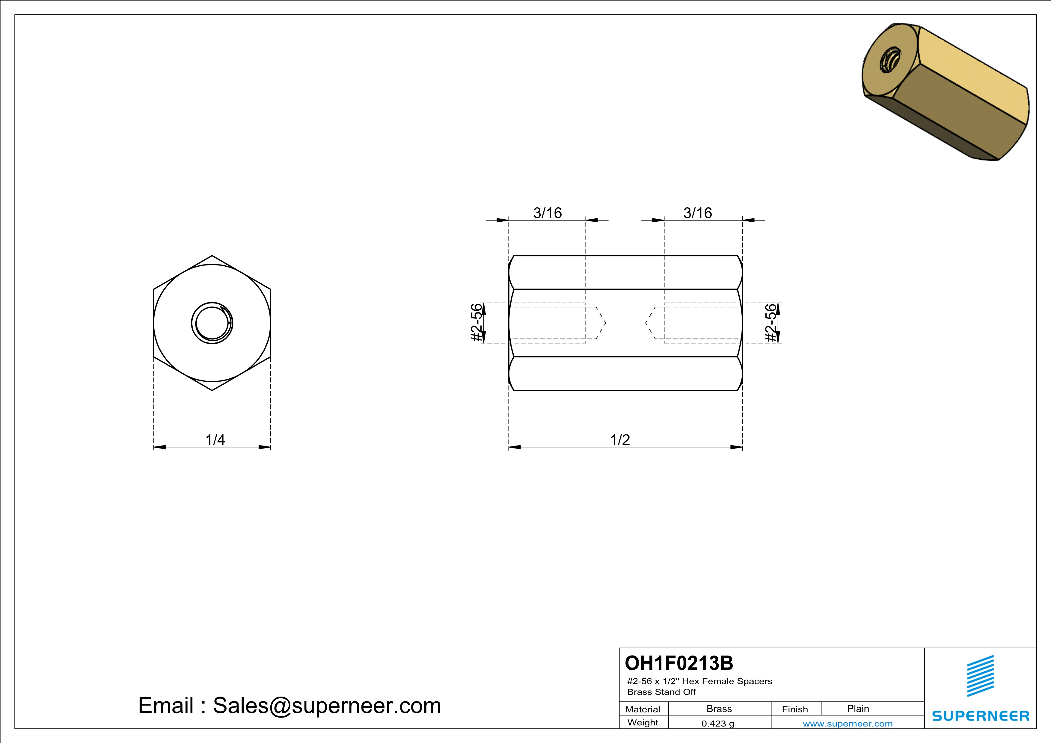 2-56 x 1/2" Hex Female Spacers Brass Stand Off  