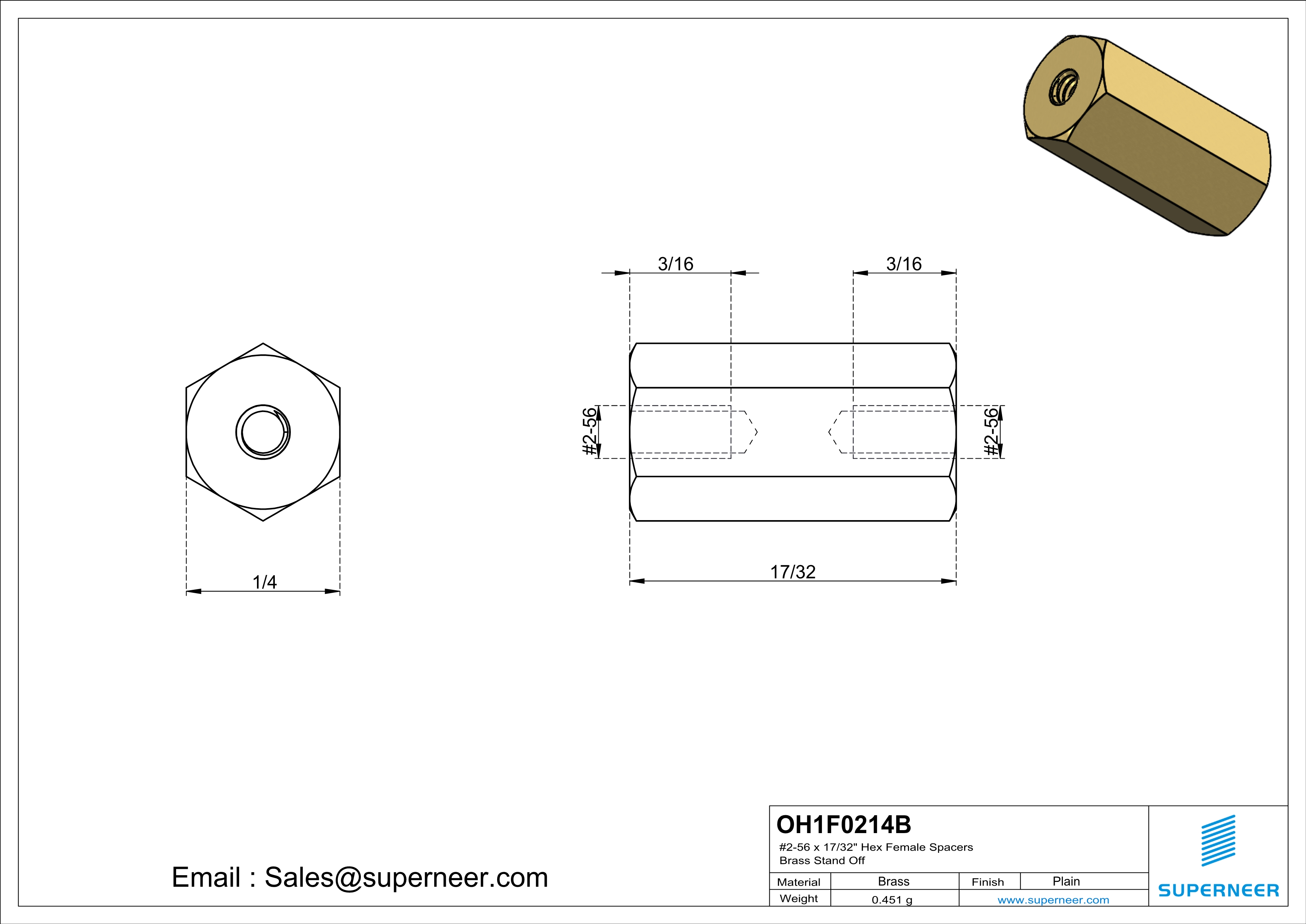 2-56 x 17/32" Hex Female Spacers Brass Stand Off  