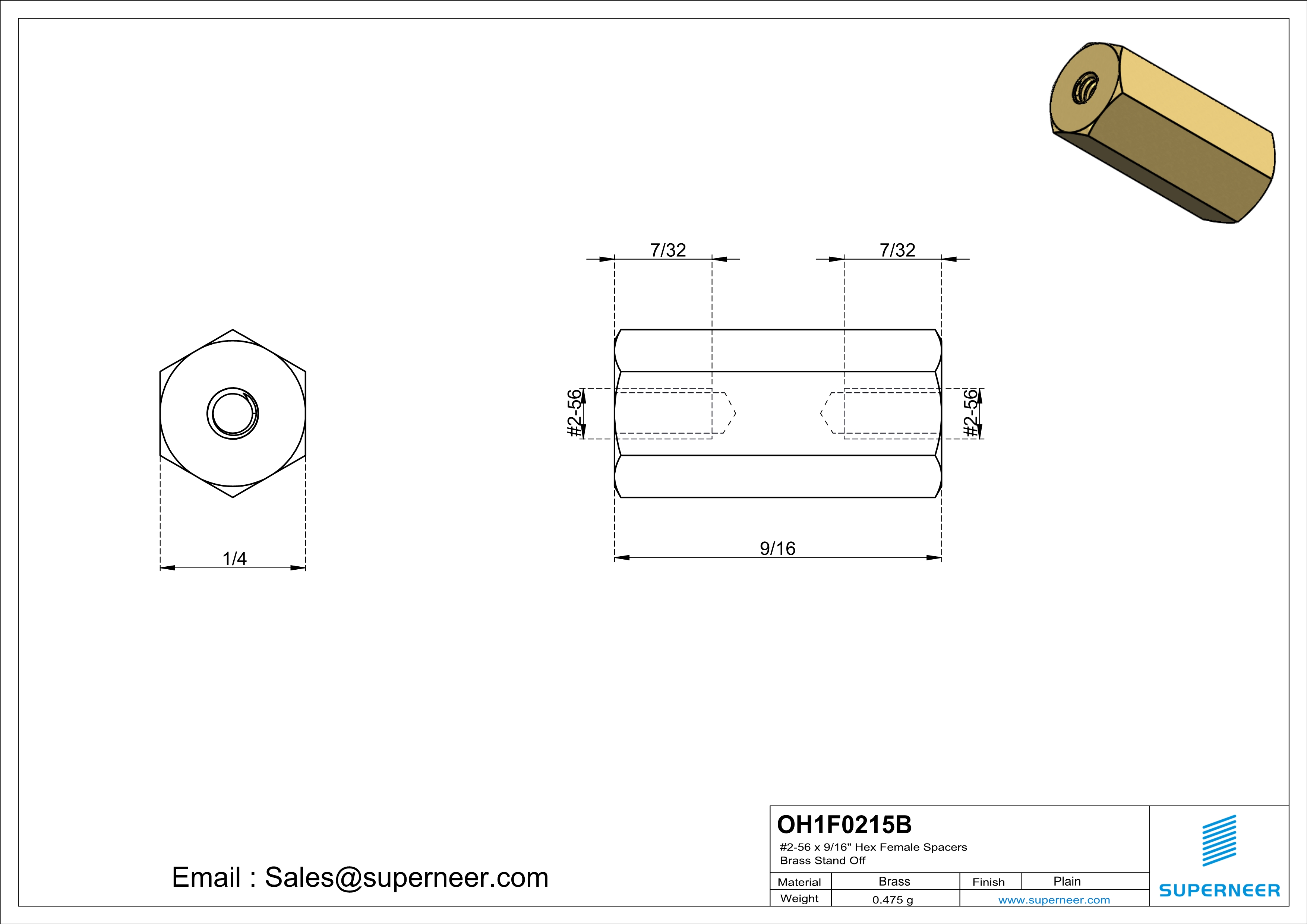 2-56 x 9/16" Hex Female Spacers Brass Stand Off  