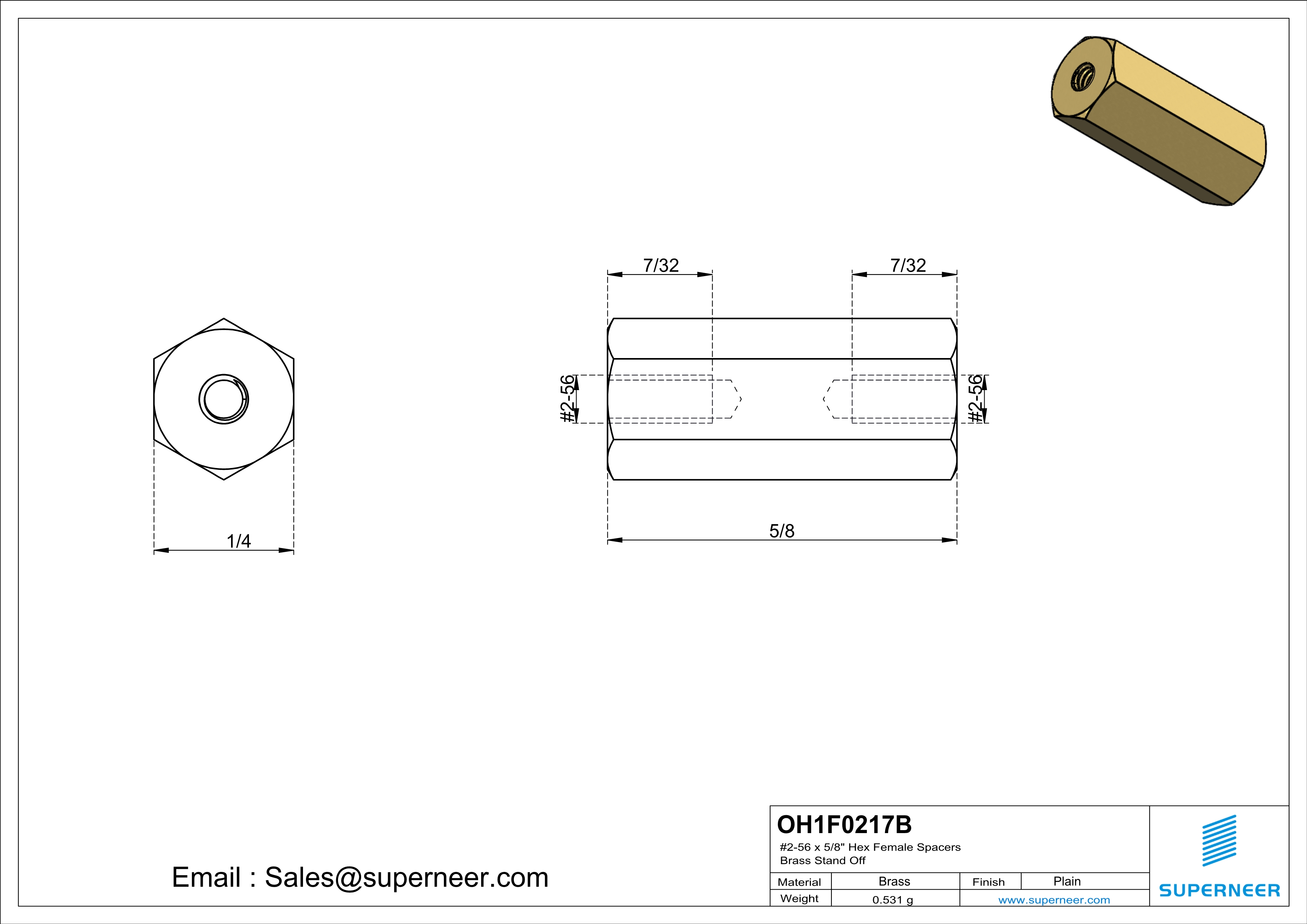 2-56 x 5/8" Hex Female Spacers Brass Stand Off  